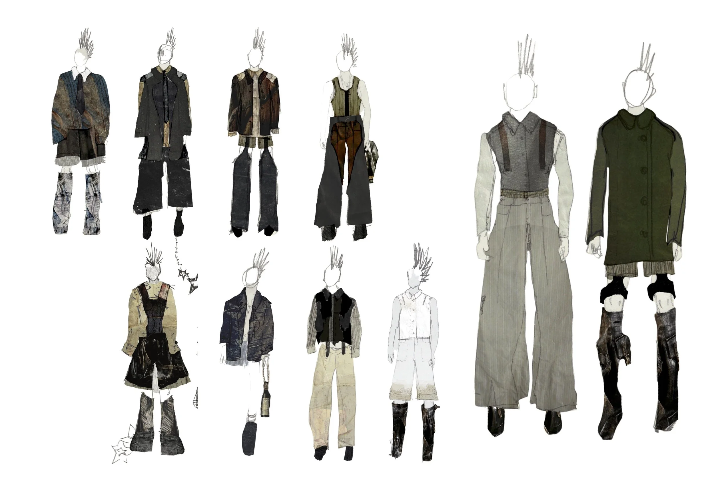 Fashion sketches of ten models wearing edgy, street-style clothing with varied jackets, pants, and accessories, some with tall boots and patterned or solid fabrics. conor o'driscoll