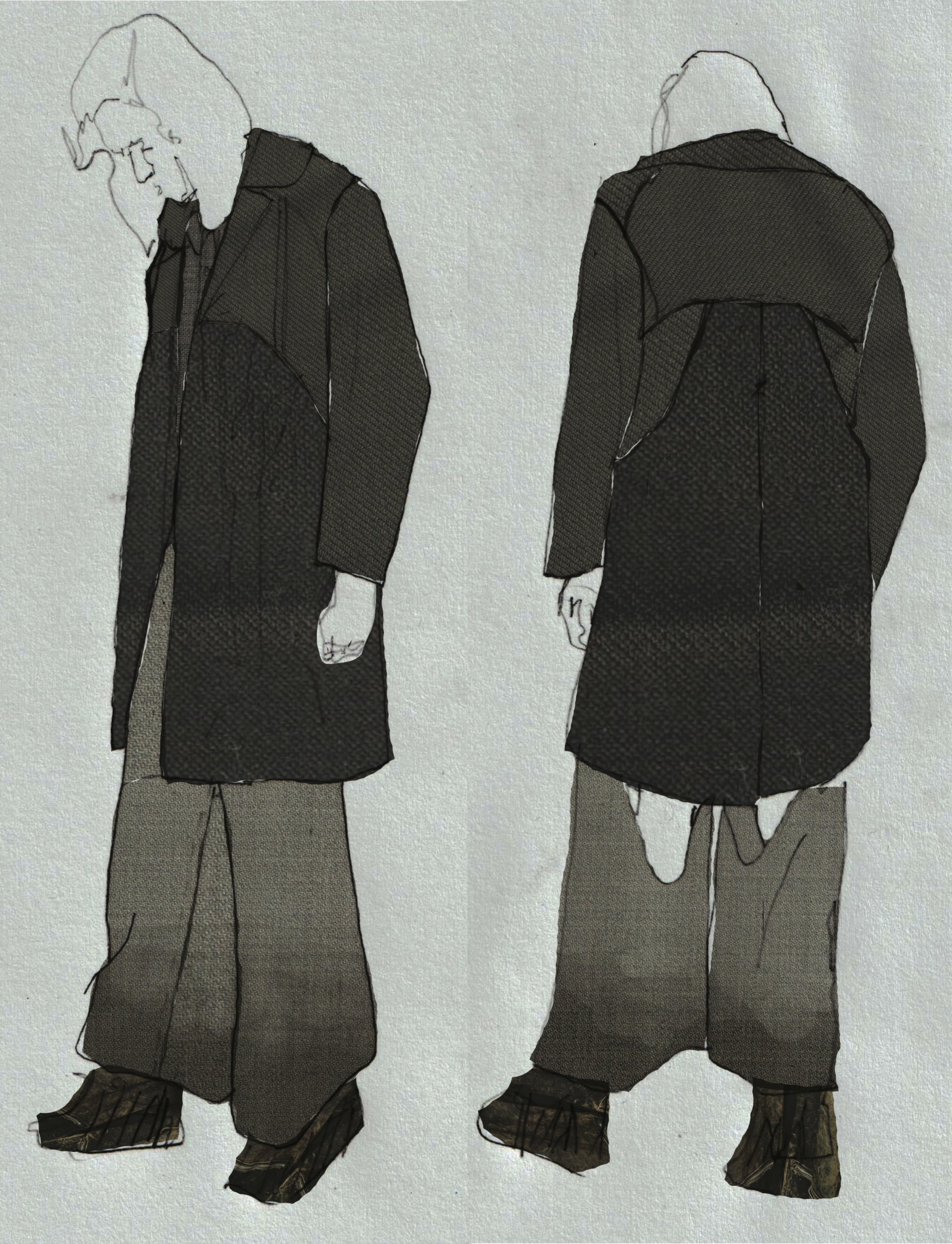 Sketch of a person wearing a long black coat, wide-leg pants, and boots, viewed from front and back. conor o'driscoll