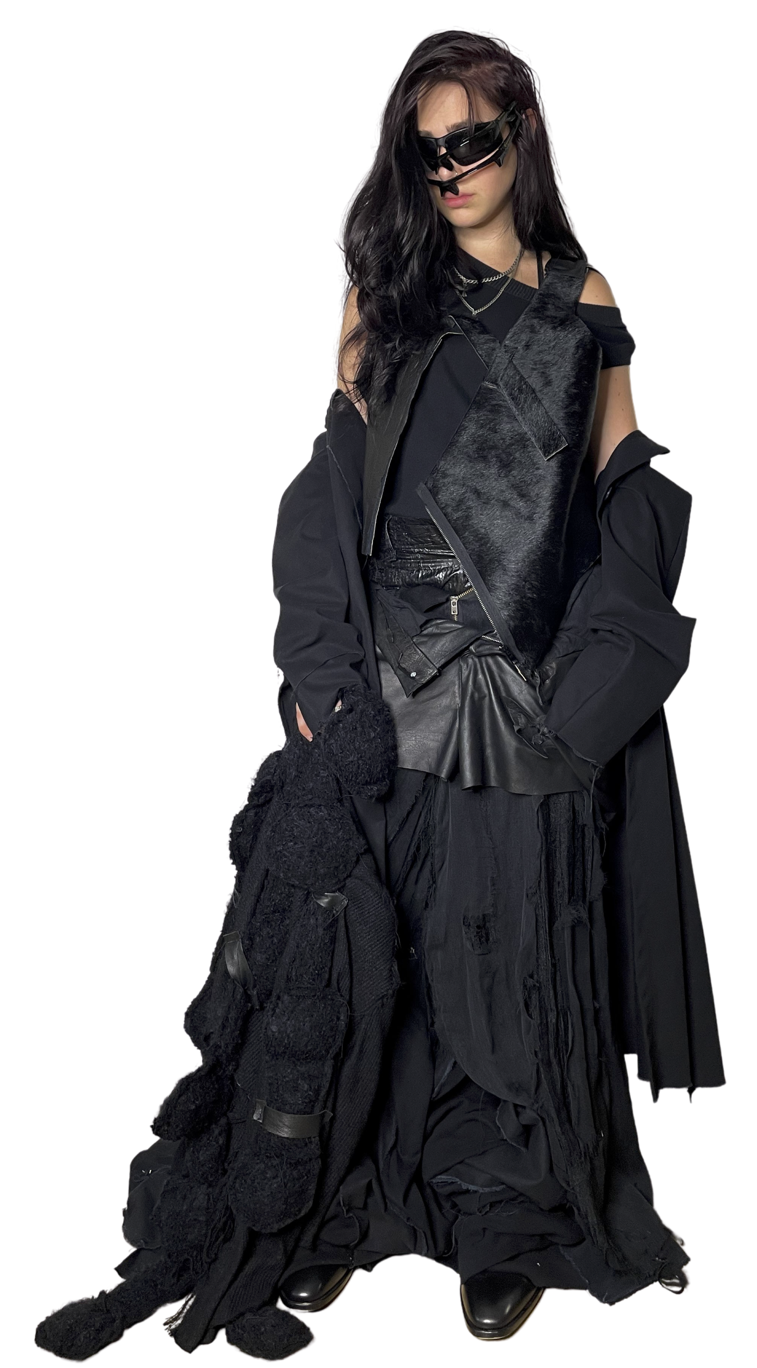 skye wilson wears conor odriscoll cult collection leather vest jersey tank distressed gauze pant leather skirt short dummy crewneck trash pants by conor odriscoll