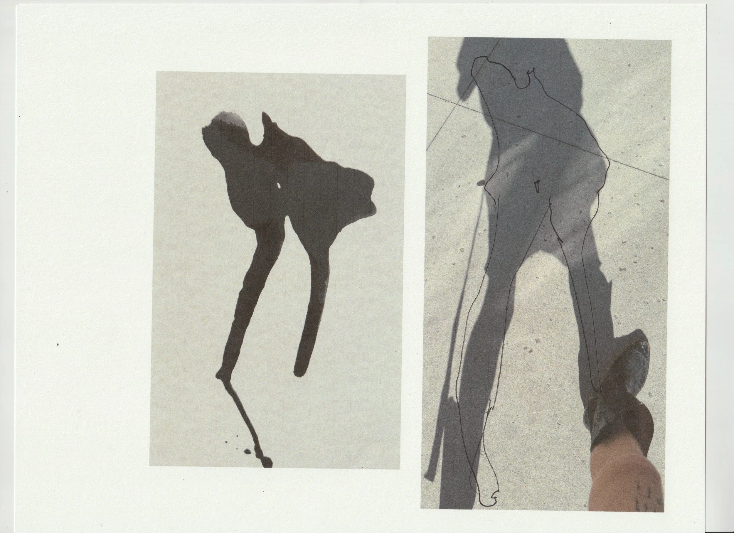 Comparison of an ink silhouette and a silhouette outline on paper and concrete ground.conor o'driscoll