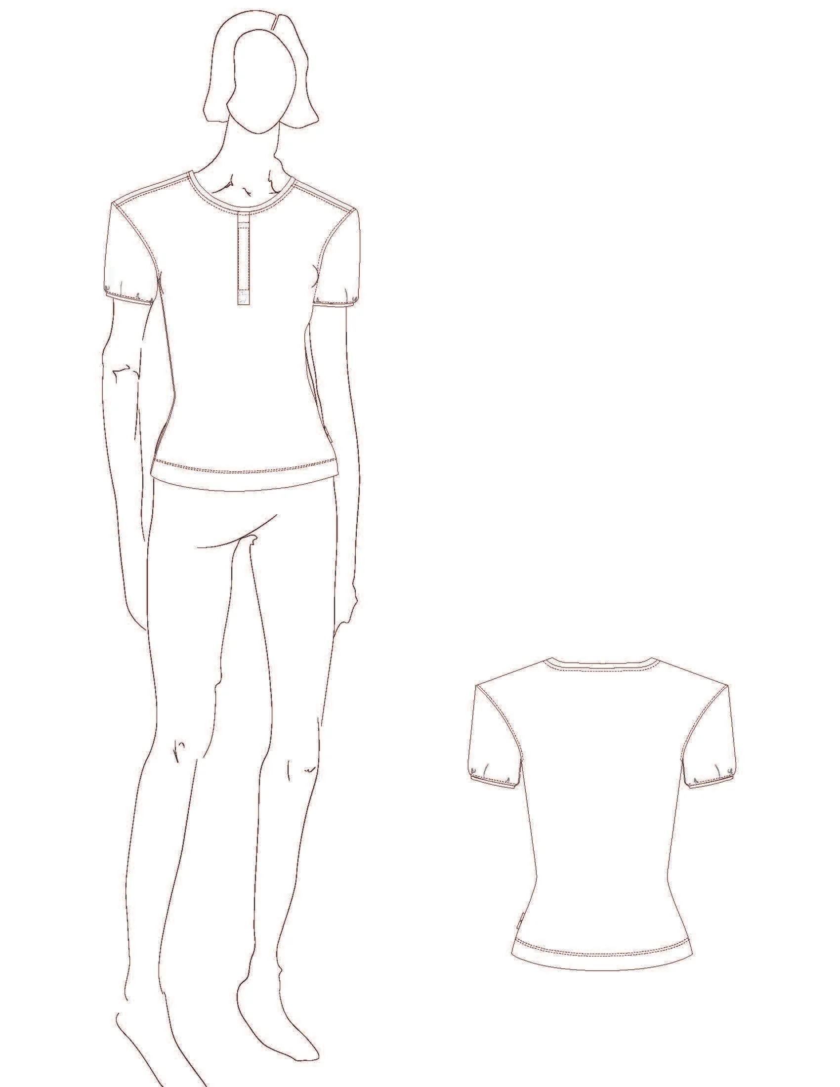 Line drawing of a woman wearing a short-sleeved top and pants, with a detailed front view of the top and a back view showing the top's design. conor o'driscoll