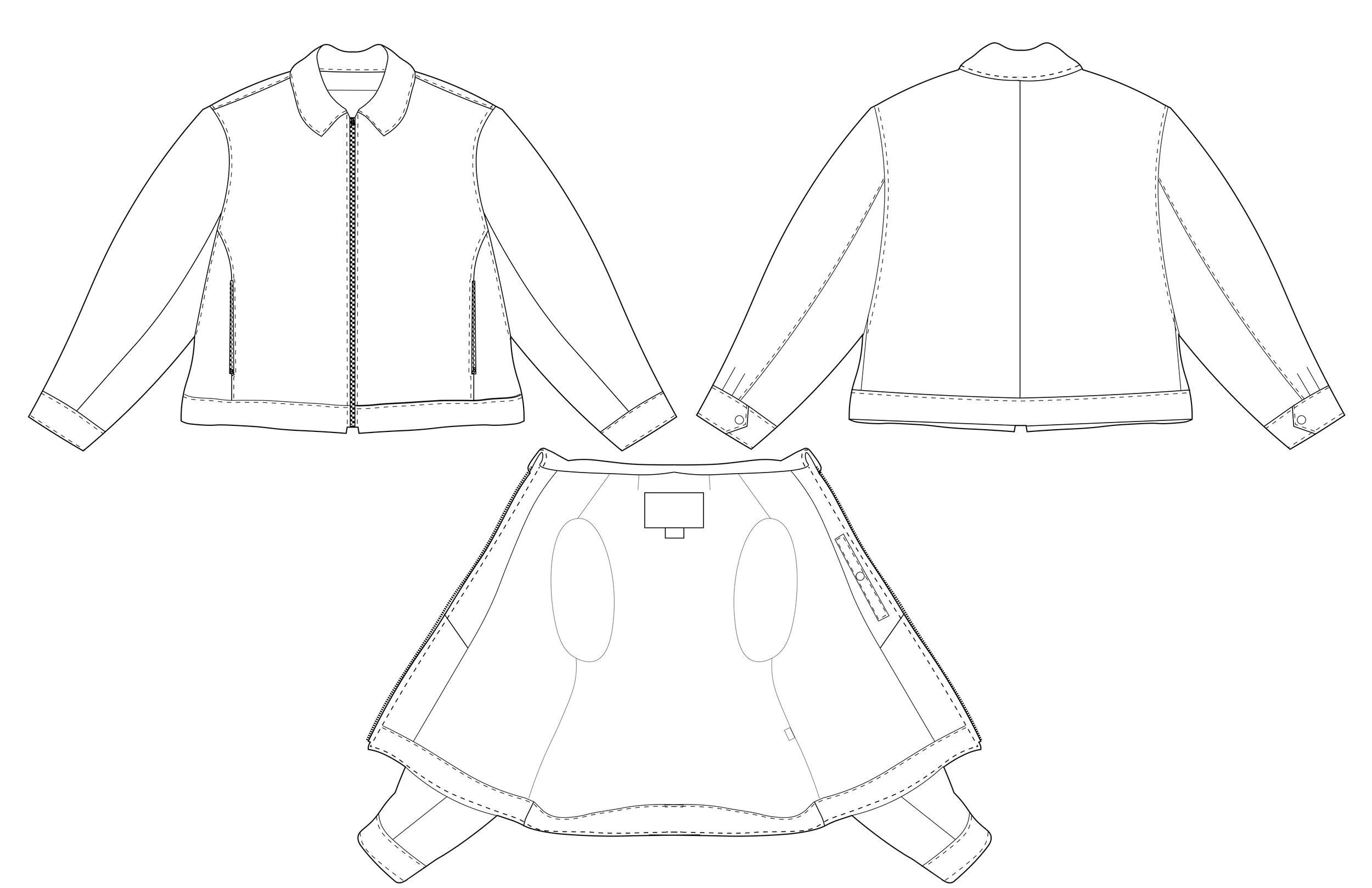 Technical drawing of a jacket with front and back views and a separate skirt with a zipper and pocket details. conor o'driscoll
