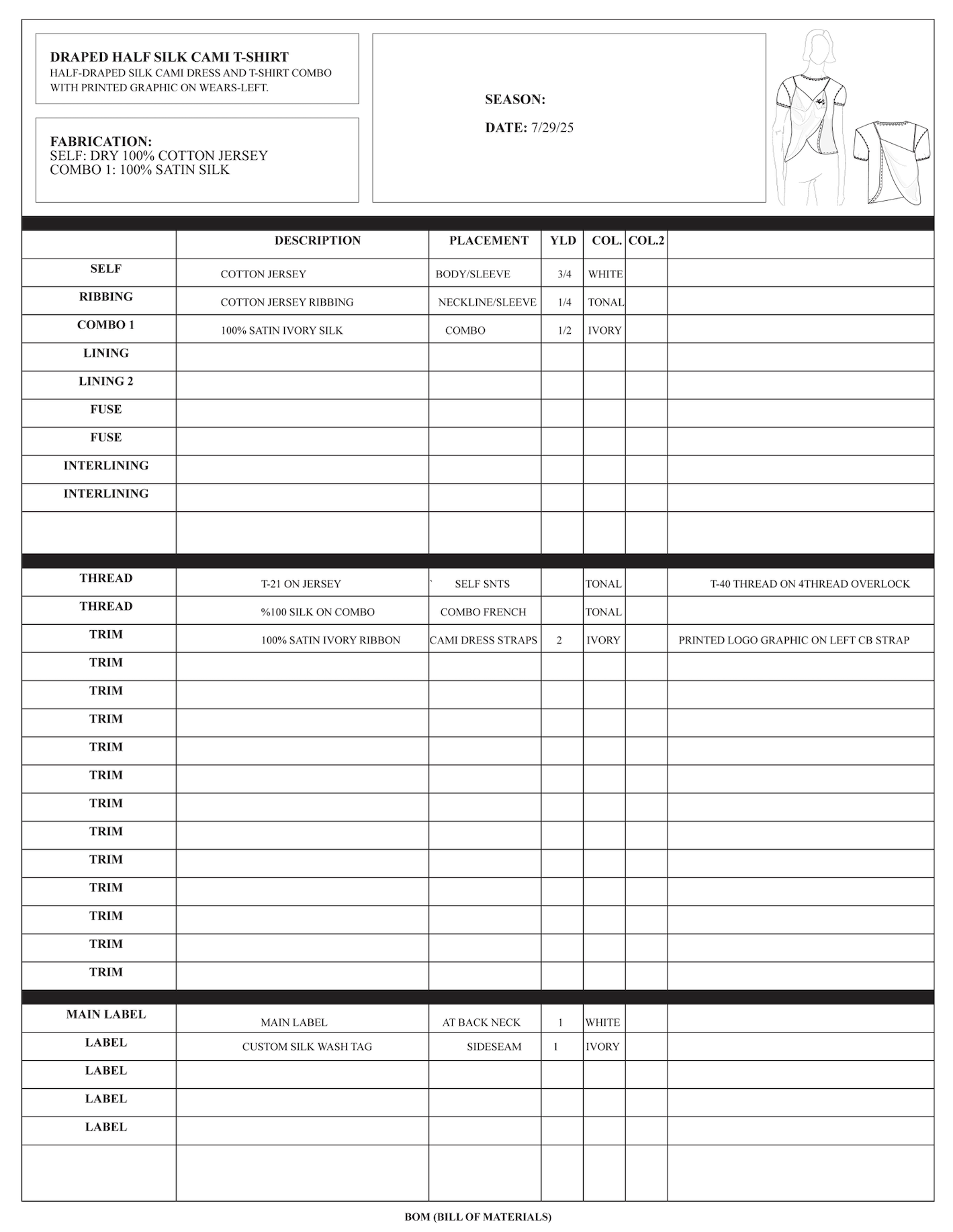 Pattern drafting sheet for a draped half silk camisole T-shirt, including fabric details, measurements, and construction instructions, with sketches of the garments. conor o'driscoll