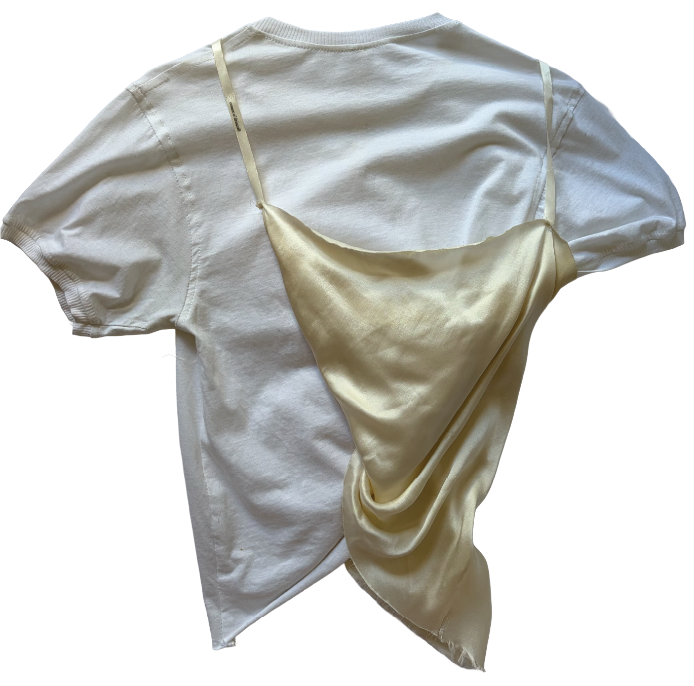 draped silk cami t-shirt - draped half silk cami twist combo & baby t-shirt base top with dynamic straps for styling and printed graphics by conor o'driscoll