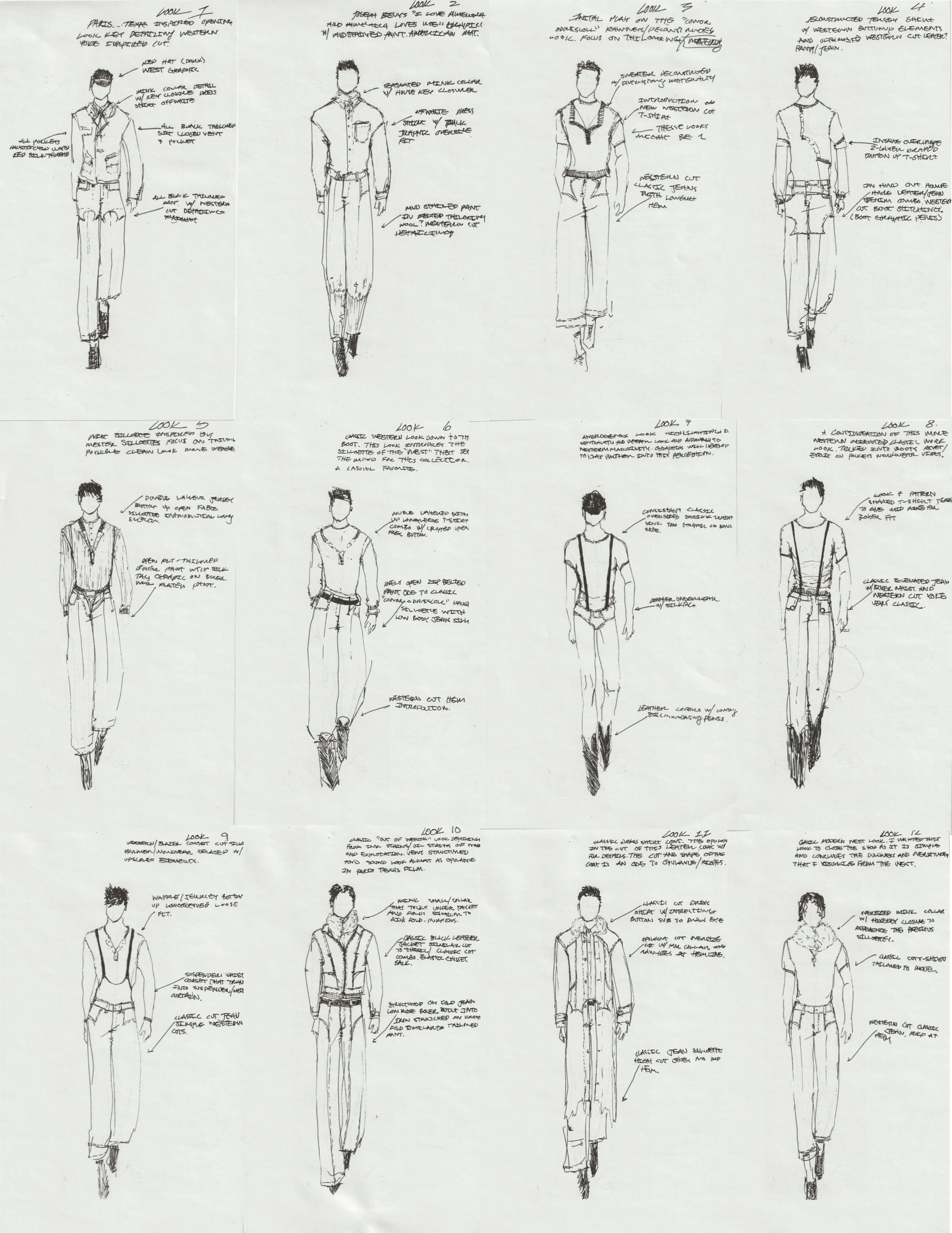 A sketch sheet with twelve fashion outfit designs, each with handwritten notes. The sketches display various clothing styles for men, including jackets, shirts, pants, and accessories, with details about fabric, cut, and styling. conor o'driscoll