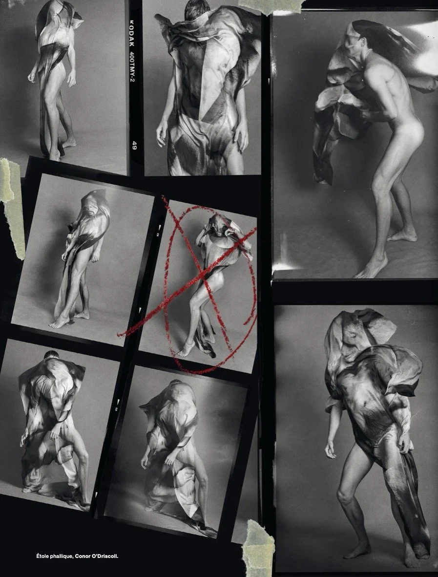 Black and white collage of fashion photographs featuring a model wearing a flowing, abstract patterned dress, with some photos showing the model covering their face or bowed. The collage includes torn paper edges, and a red circle with a slash crosses out one image. Text at the bottom reads 'Étoile phallique, Conor O'Driscoll.'