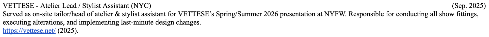 Text describing a professional role at a fashion event, including responsibilities such as fitting, alterations, and design changes, with a web address and date. CONOR O'DRISCOLL