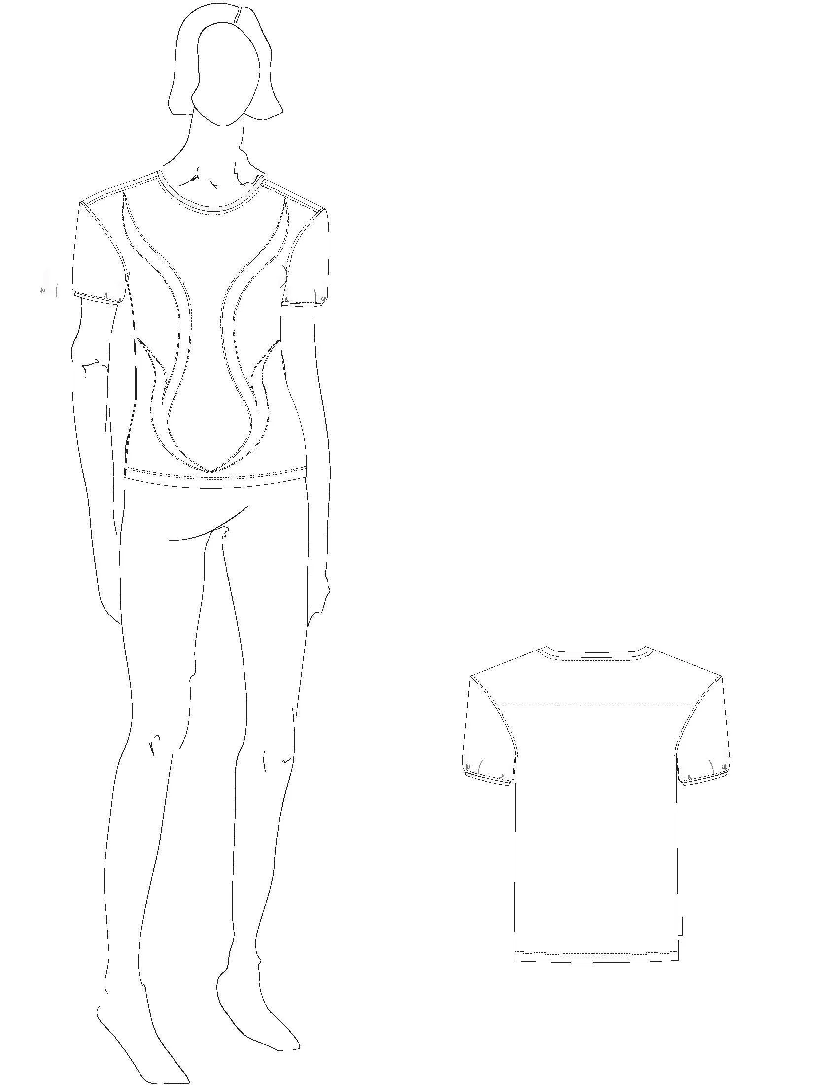 Line drawing of a woman wearing a short-sleeved t-shirt with curved seam details on the front; the shirt is shown from both front and back views. conor o'driscoll