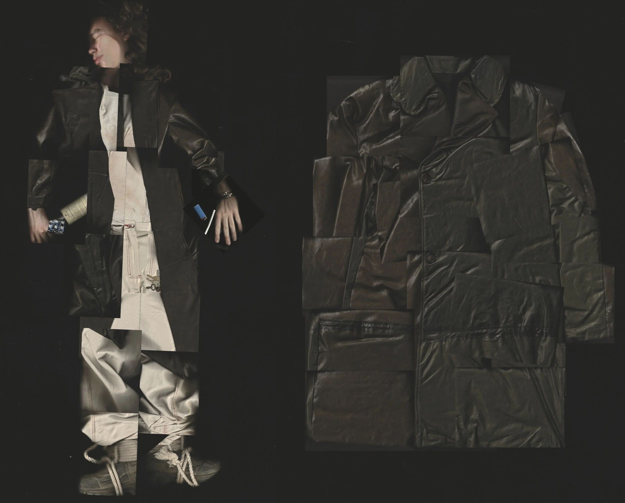 A collage of a woman and a leather jacket assembled from puzzle pieces, with the woman's body on the left and the jacket on the right, set against a black background. conor o'driscoll