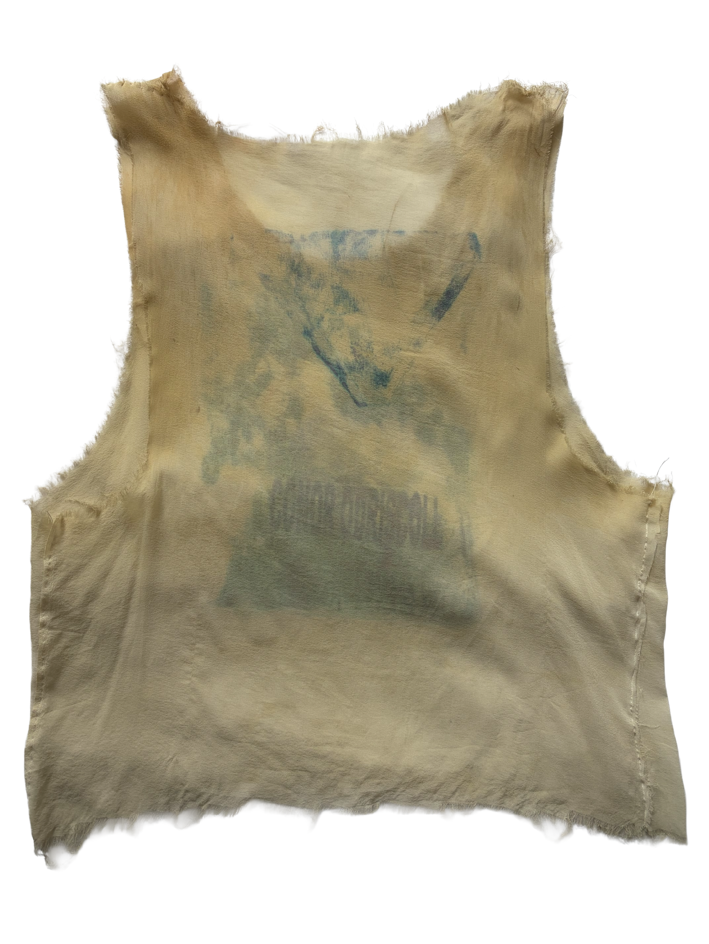 rue unisex-fit sheer silk chiffon tank top with stacked ink-saturated graphics, dyed-worn look, hand-sewn and machine construction, and frayed raw hems. by conor o'driscoll
