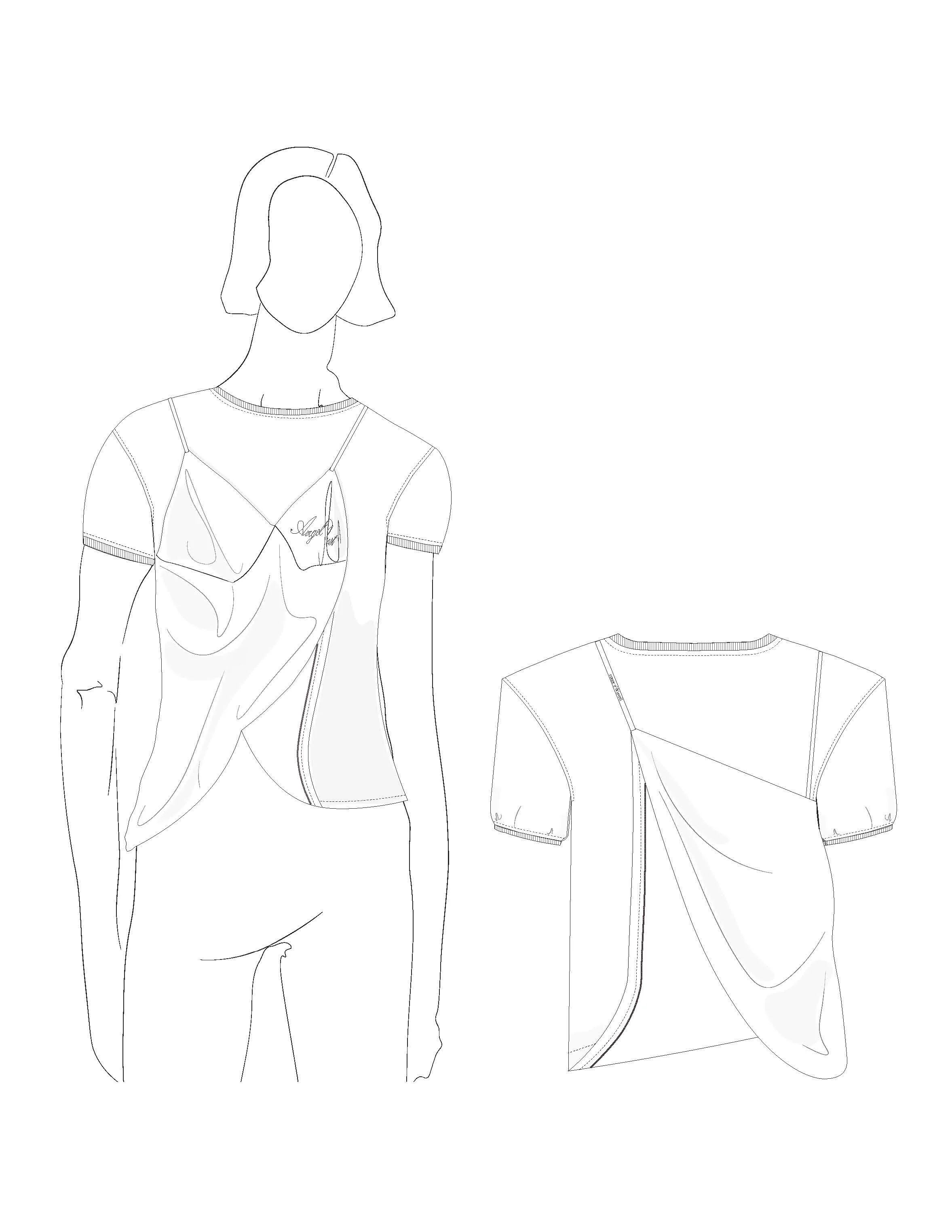 Outline drawing of a woman wearing a short-sleeved blouse with an asymmetrical draped design, shown from the front, with an additional view of the same blouse laid flat, highlighting its design details. conor o'driscoll