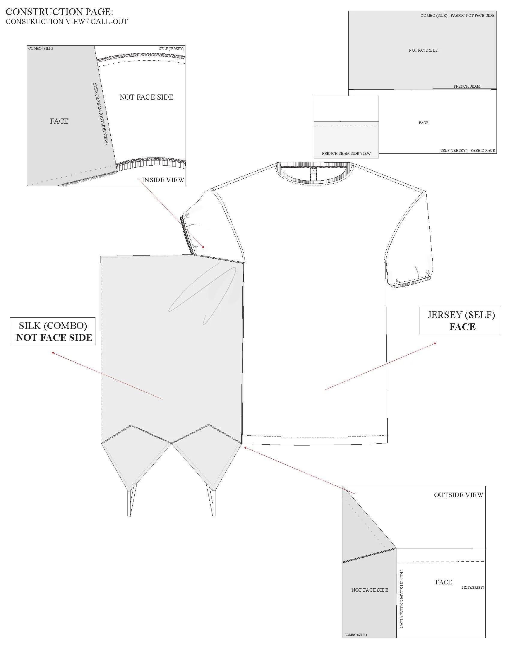 Technical sewing pattern diagram for a T-shirt and silk combo pants, showing construction views, fabric pieces, and assembly instructions. conor o'driscoll