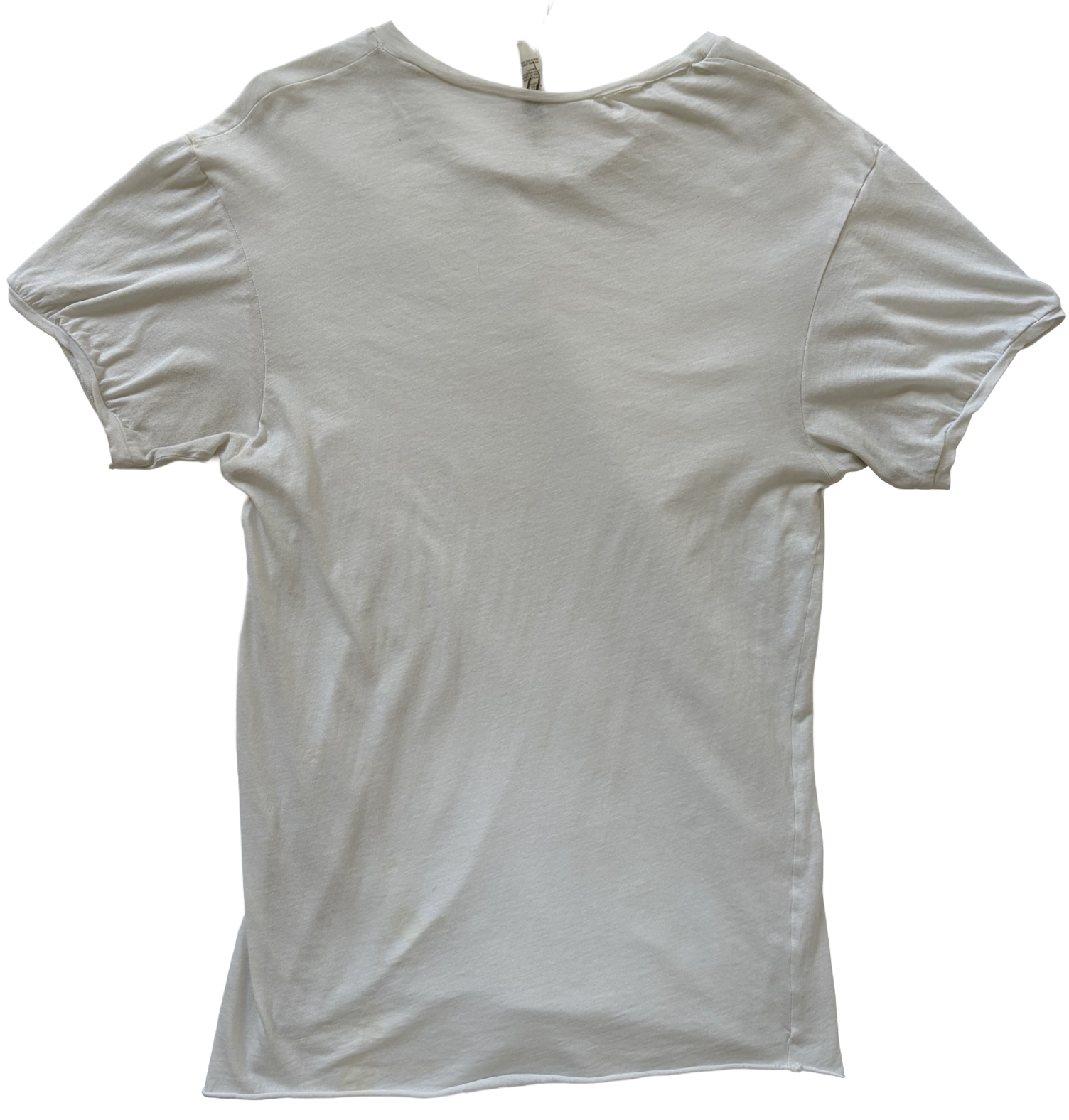 sheer slub jersey baby t-shirt with printed silk tag detail at center front, slight twisted side seams, overlocked seams, rib at sleeve hem, and signature raw shirt hem. by conor o'driscoll backside
