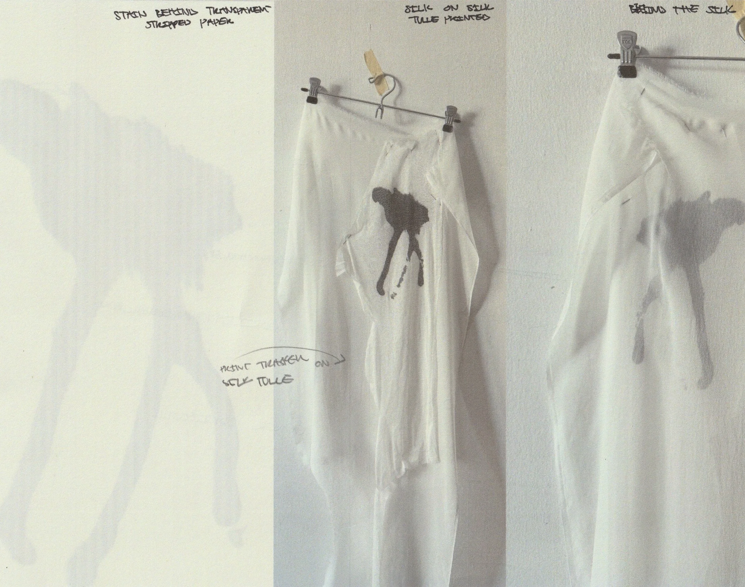 Step-by-step process diagram of a DIY art project showing transparent, painted, and textured silk fabric with handwritten notes. conor o'driscoll