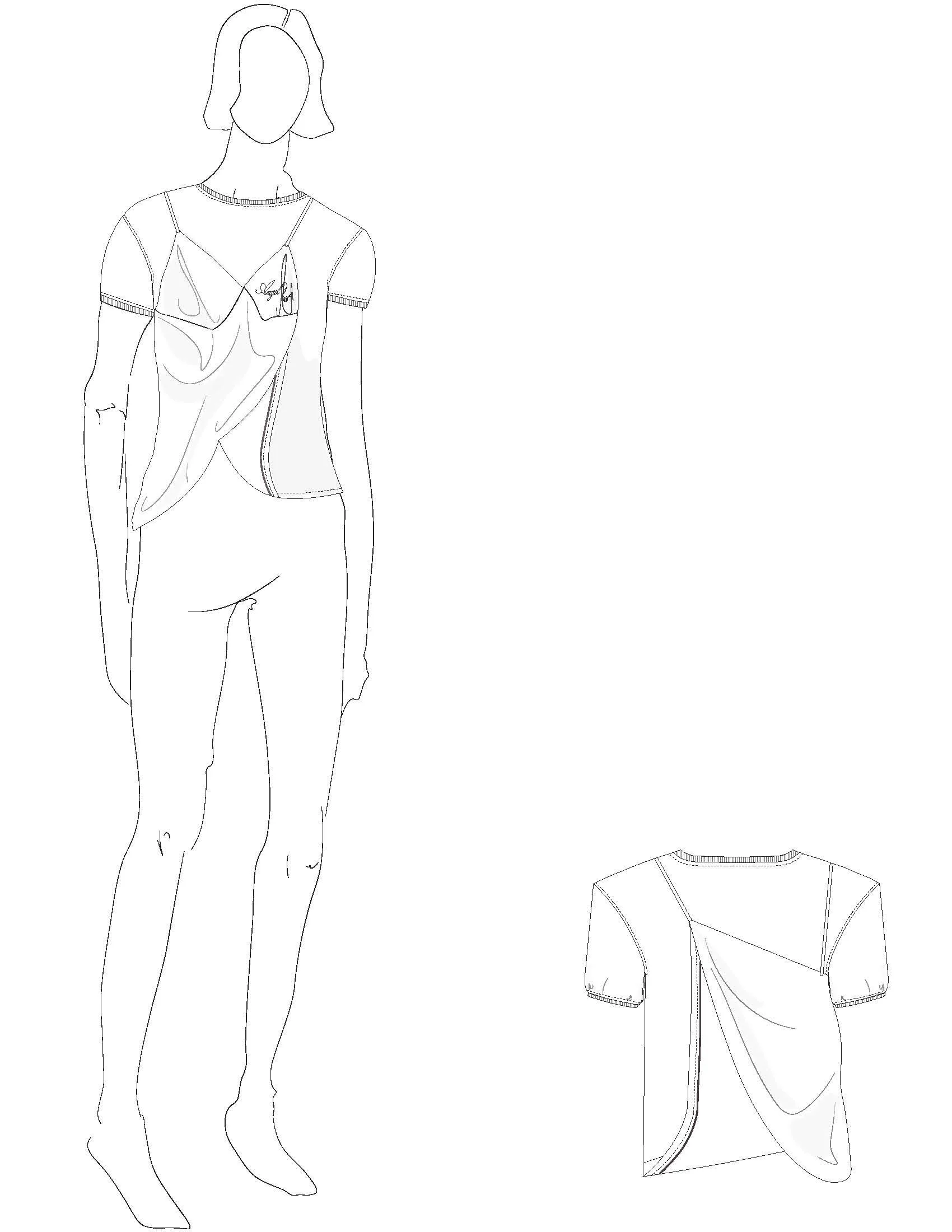 Line drawing of a mannequin wearing a short-sleeve top and pants, with a separate sketch of the top laid flat. conor o'driscoll