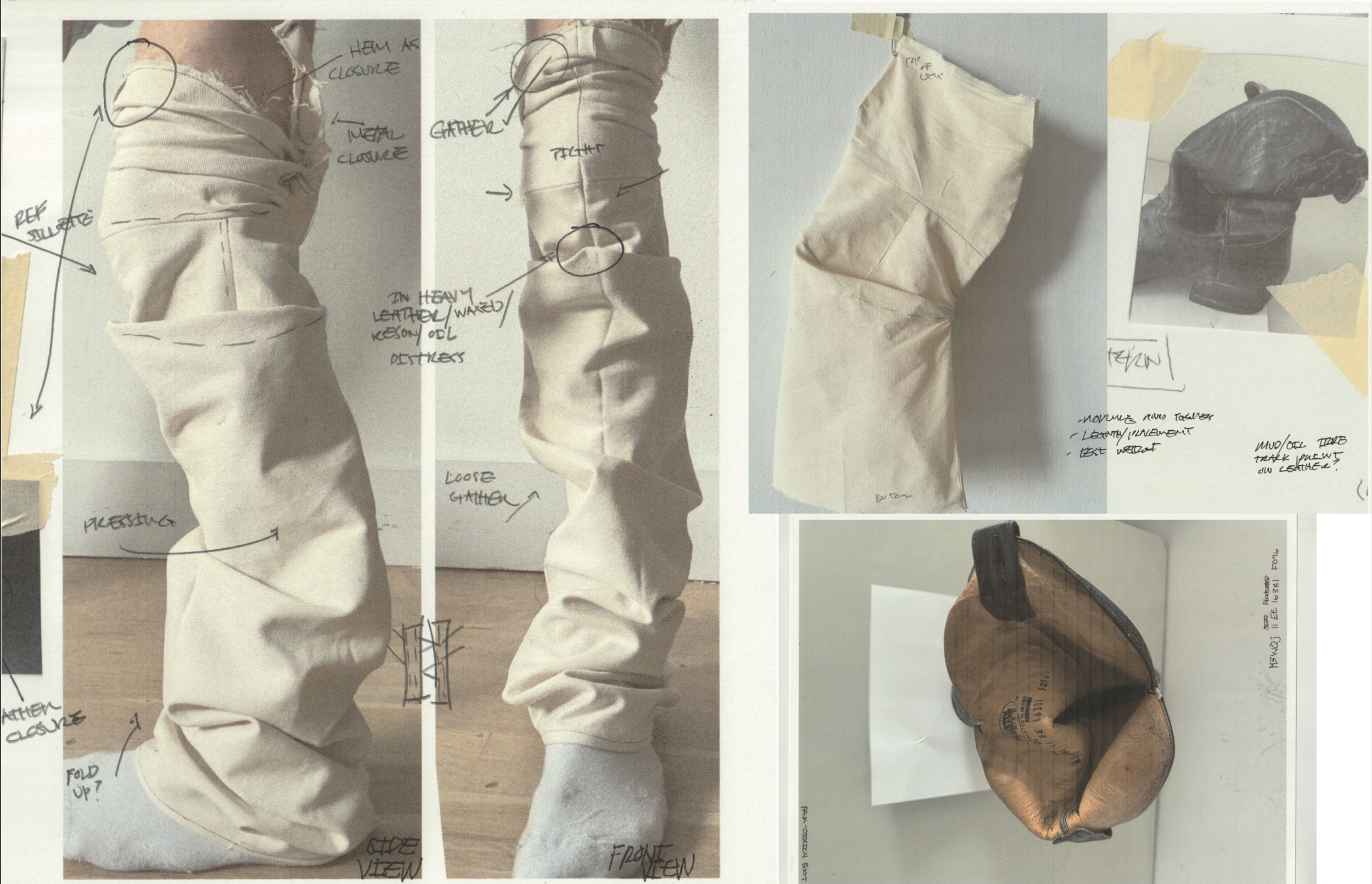 Scrapbook page with images of beige fabric pants and a brown leather shoe, with handwritten notes and annotations about the design and construction details. conor o'driscoll