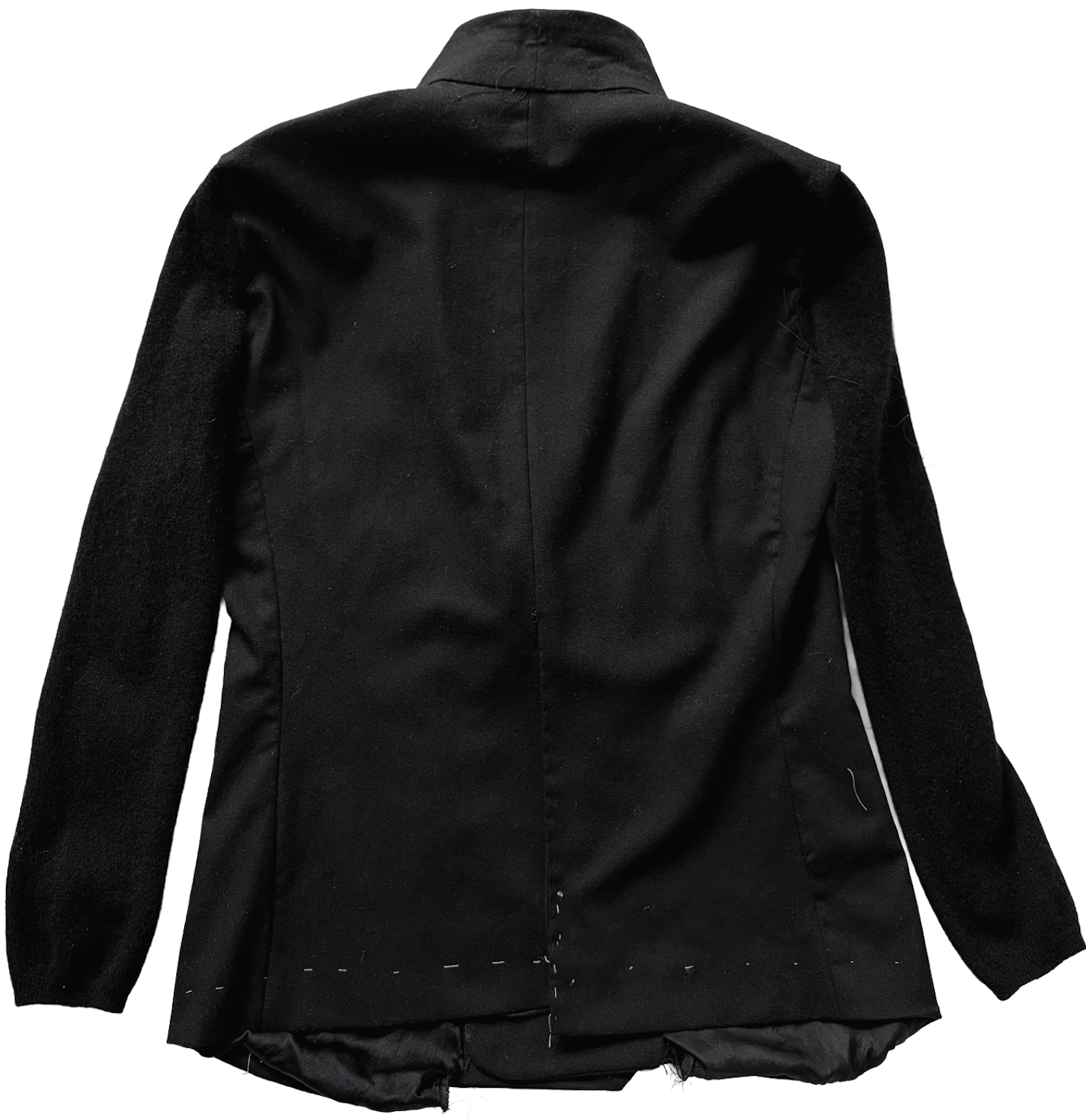 undone wool & cashmere blazer featuring reversed welt pockets left basted open, hand-stitching left exposed throughout, cashmere sweater sleeves, busted oversized lining with varied silks, busted center-back vent, by conor o'driscoll