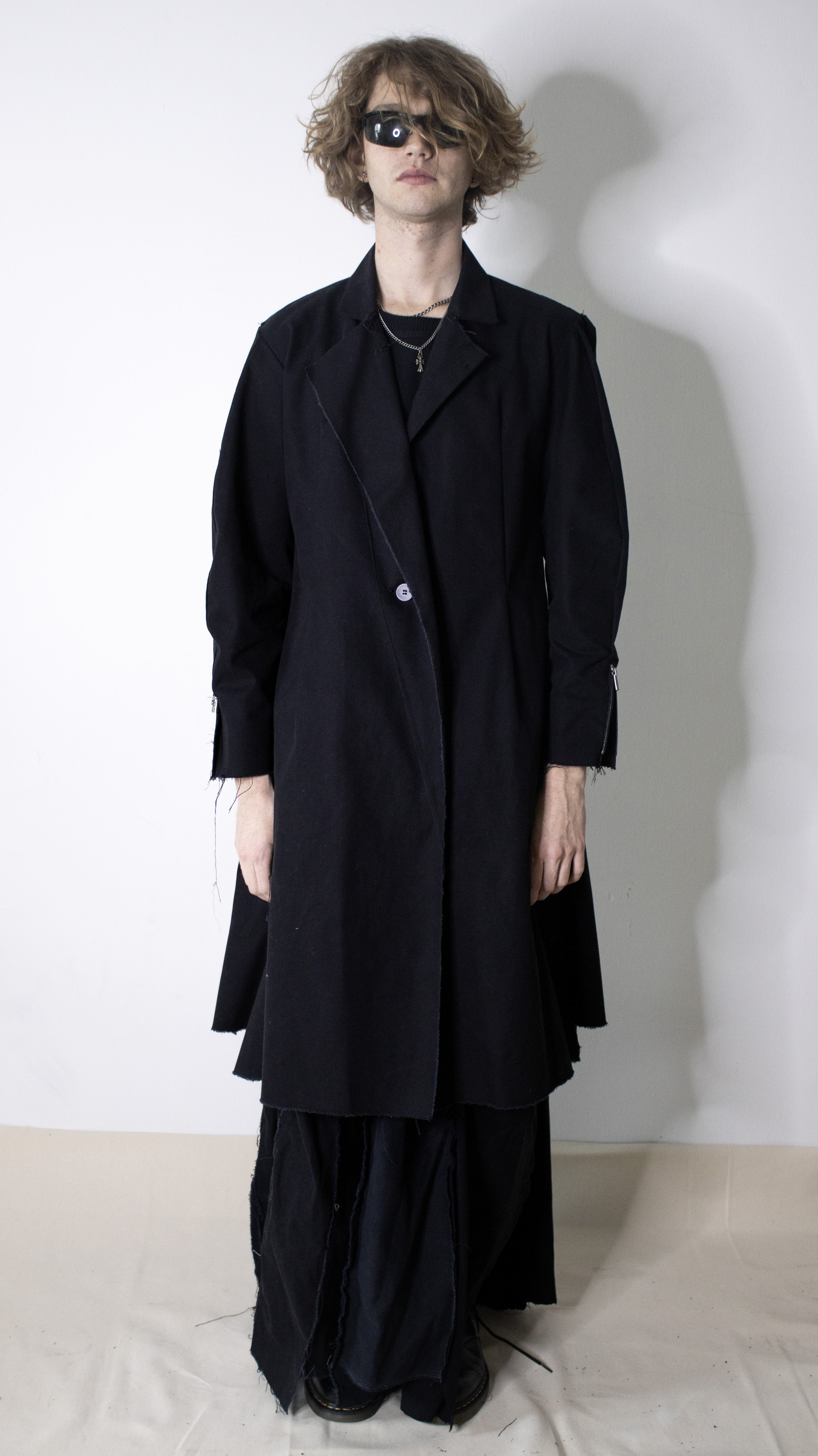 diego mcelroy pretty ballads wearing worship coat oversized pleated pants jersey tank for conor o'driscoll cult collection