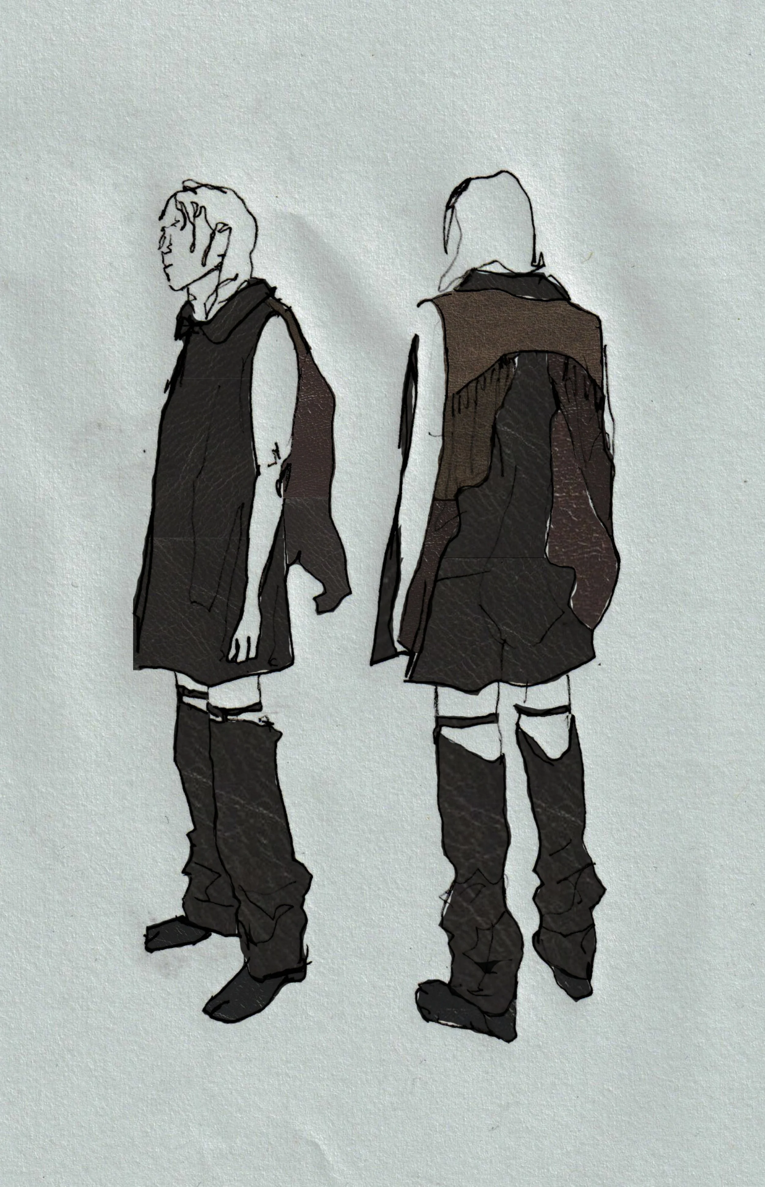 Sketch of two people, both facing away from each other, with short hair, wearing dark sleeveless tops, pants, and knee-high boots conor o'driscoll