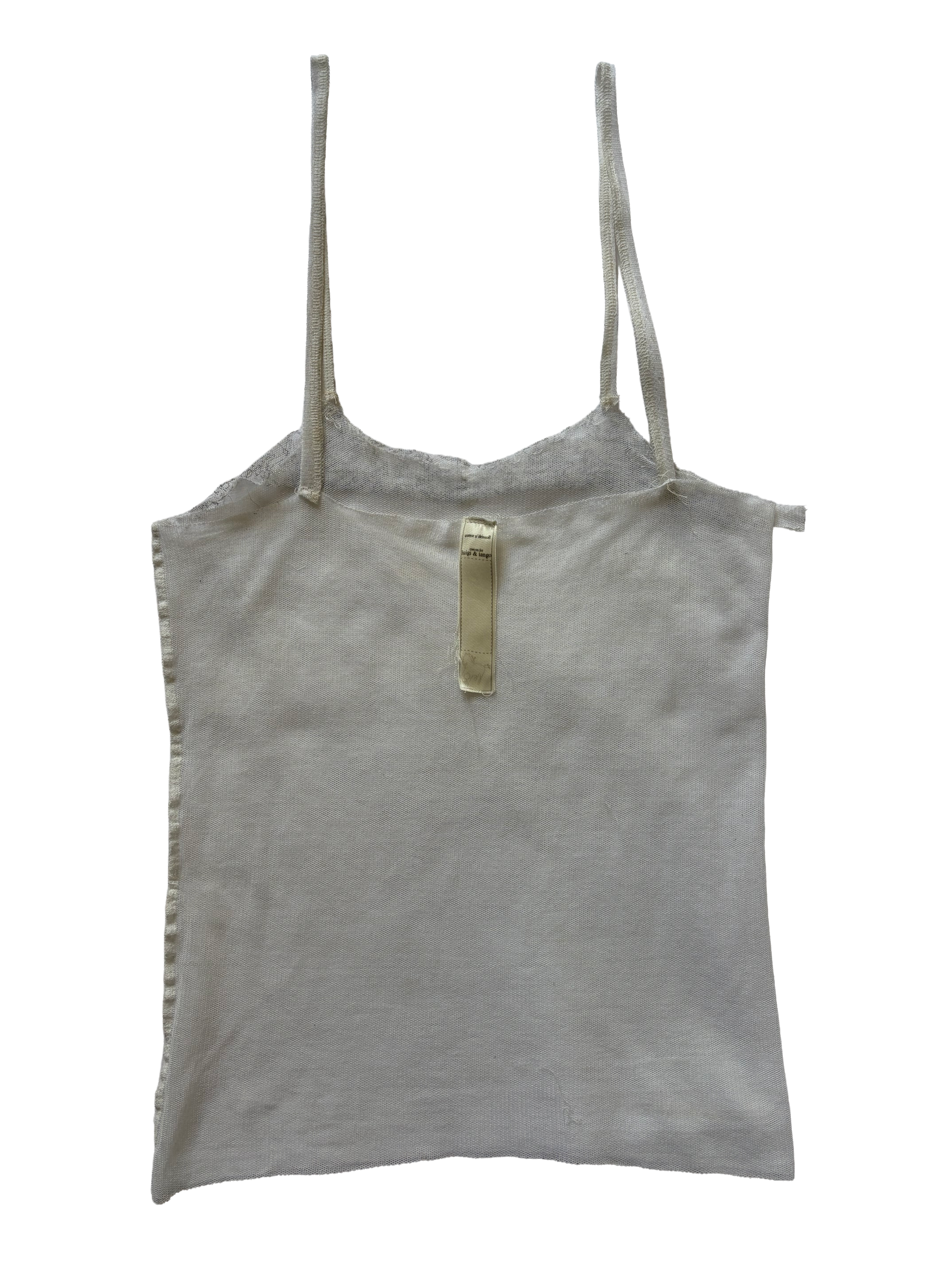 A white sleeveless cami , featuring a subtle textured fabric and a small tag by conor o'driscoll