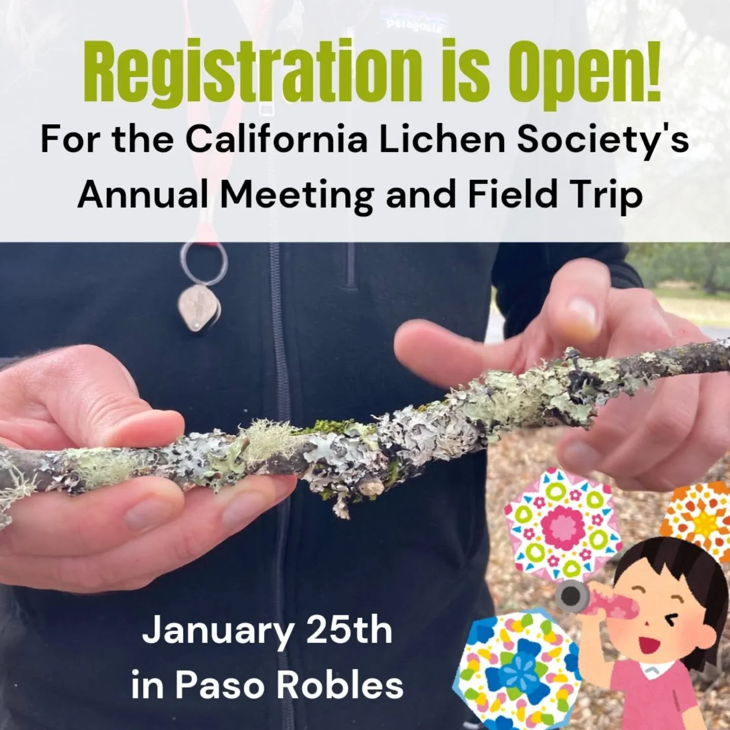Rejoice! Registration is now open for the California Lichen Society's annual meeting and field trip.

Register at the link in our bio!

The field trip will be from 10 am-3 pm near Los Osos, and the evening session, including a potluck dinner and a re