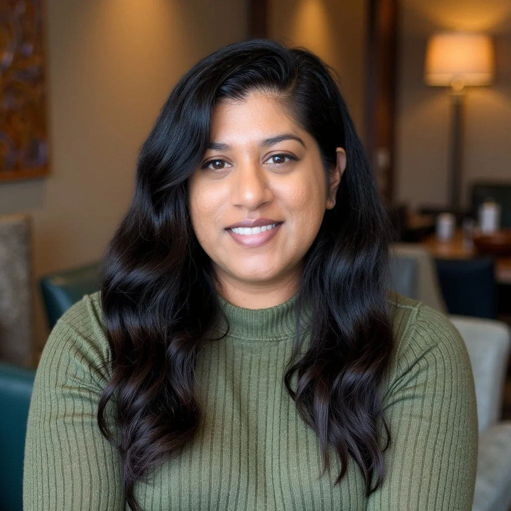 A woman with long, wavy black hair and medium skin tone, smiling, wearing a green sweater, in a cozy indoor setting with warm lighting.