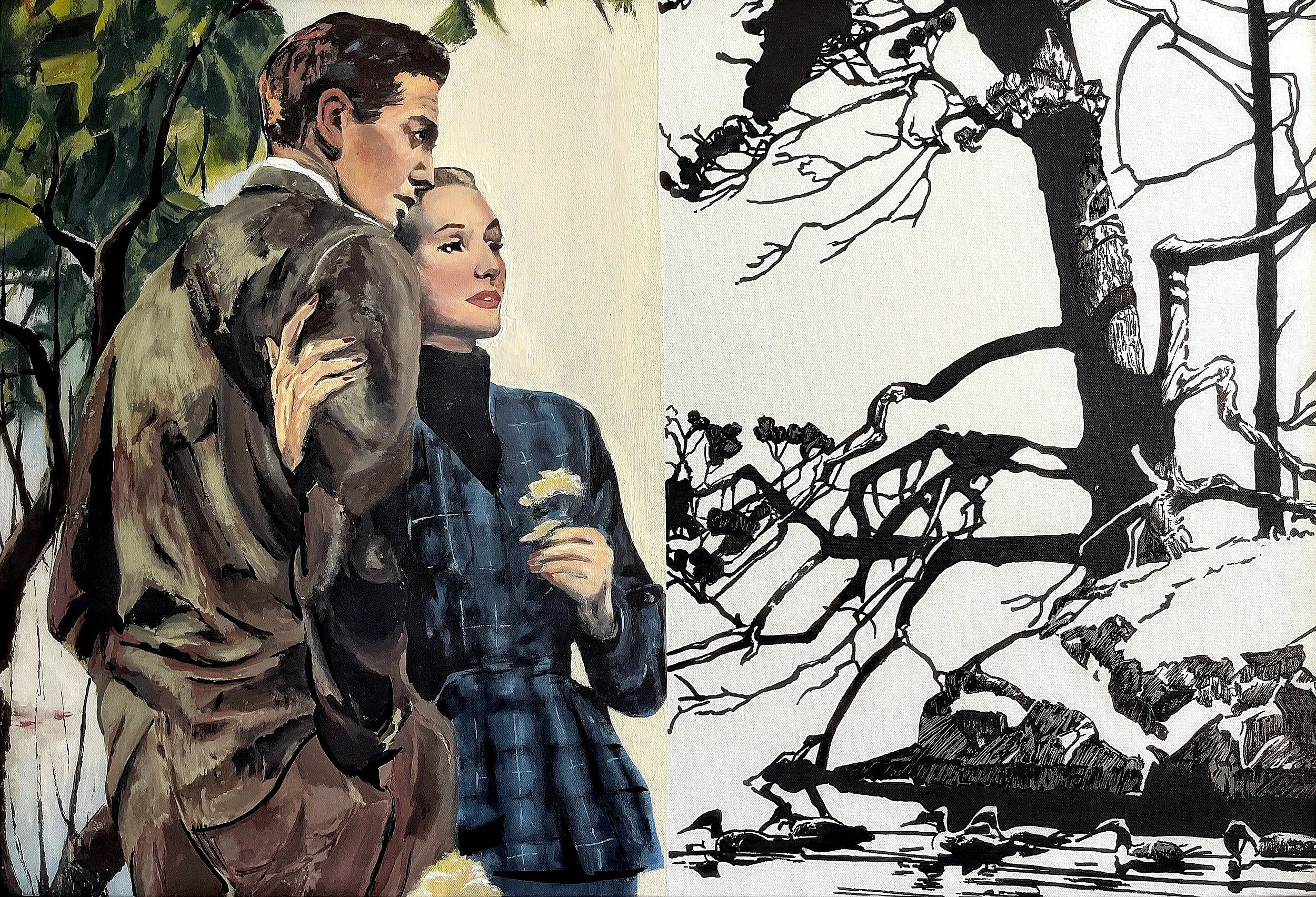 Acrylic painting by Gentry Amstutz that is split in the middle showcasing a early 1930s style couple and a mono landscape on the right side