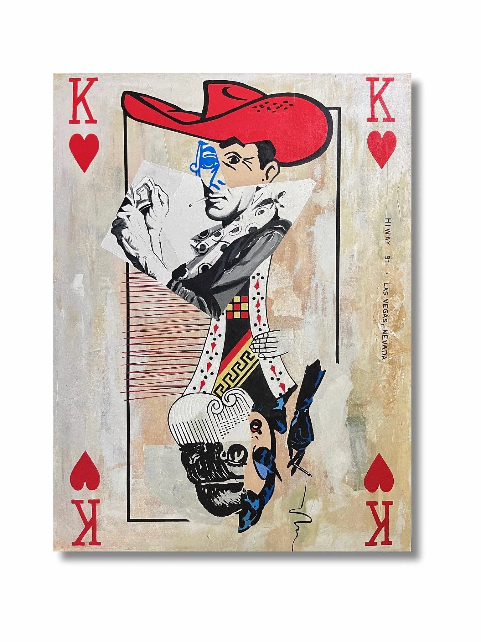 Acrylic painting by Gentry Amstutz displaying a playing card-esk idea with fragments of retro las vegas and 1960s imagery for the card