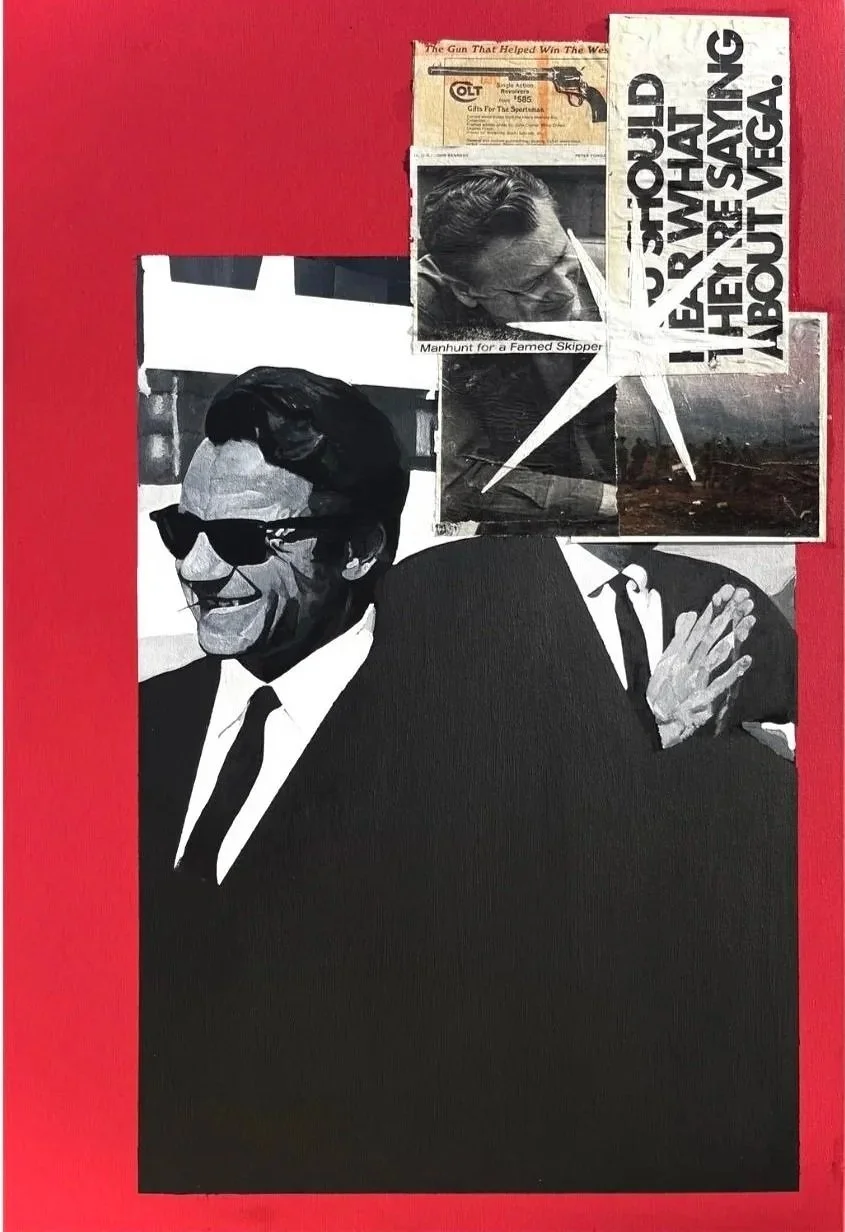 Mixed media and acrylic painting by Gentry Amstutz featuring a painted screenshot from the film of Reservoir Dogs and other mixed media