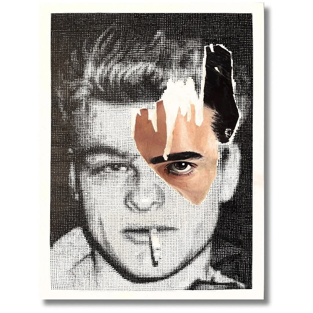 Halftone painting with painted acrylic photograph style collage layered on top by Gentry Amstutz