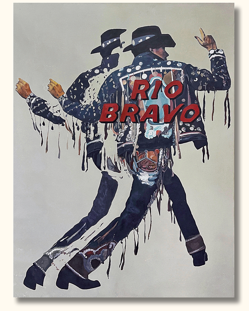 Acrylic painting by Gentry Amstutz featuring three layered cowboys wearing a rhinestone suit with Rio Bravo layered on top