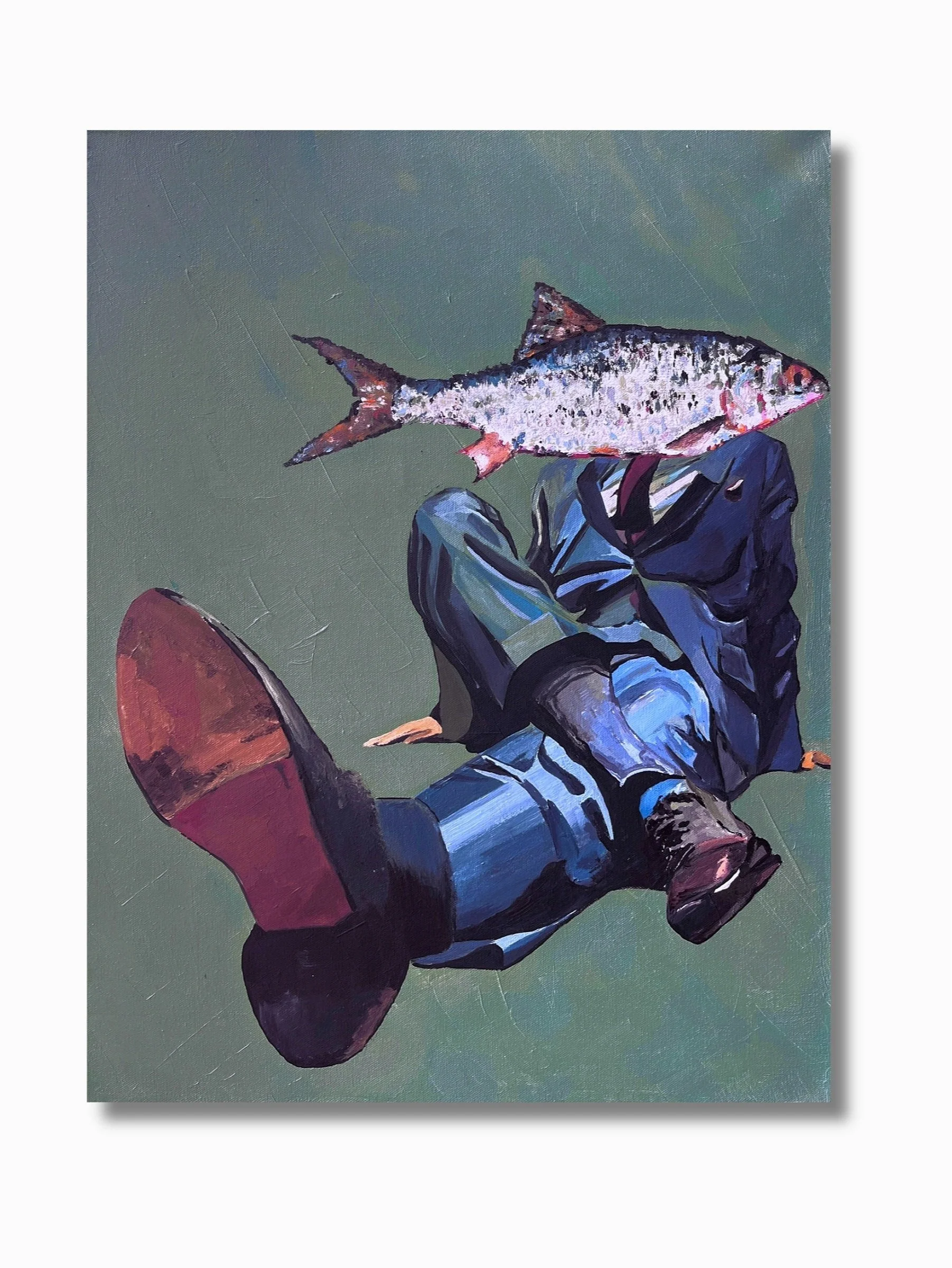 Acrylic painting by Gentry Amstutz showcasing a man in a suit sitting down with a fish overlayed as his head