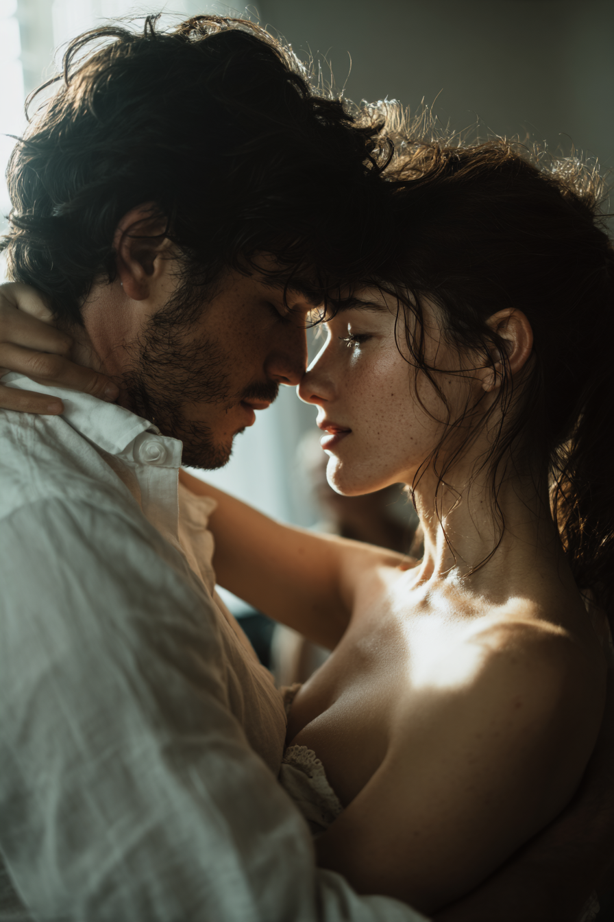 A close-up of a man and woman in an intimate embrace, touching foreheads and gazing at each other with the sun shining through a window behind them.