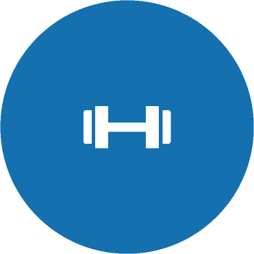 Icon of a dumbbell symbol in white on a blue circular background.