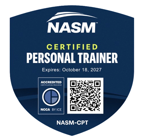 NASM Certified Personal Trainer badge with expiration date October 18, 2027, featuring a QR code and NCCA accreditation logo.