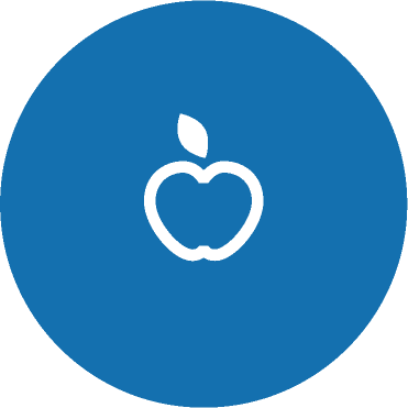 Icon of an apple with a leaf inside a blue circle.