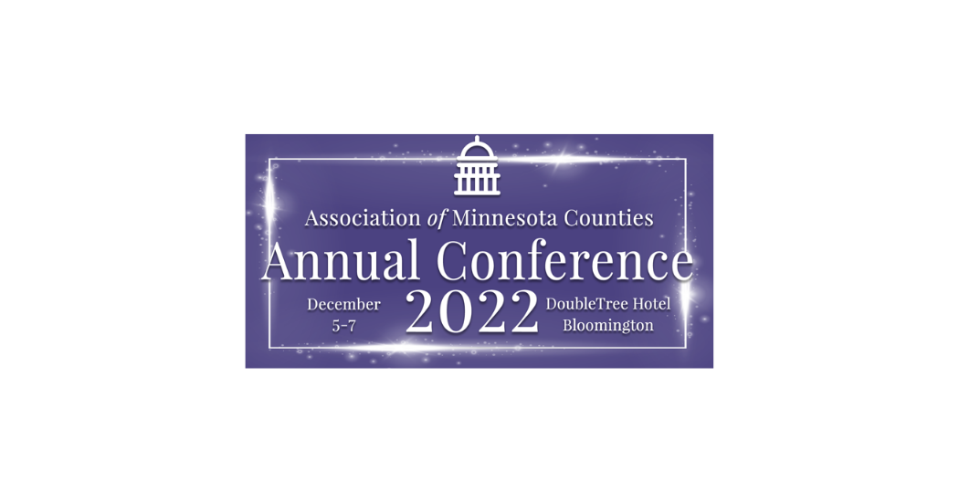 Event banner for the Association of Minnesota Counties Annual Conference 2022, held December 5-7 at the DoubleTree Hotel in Bloomington, featuring a purple background with stars and a white outline of a building.