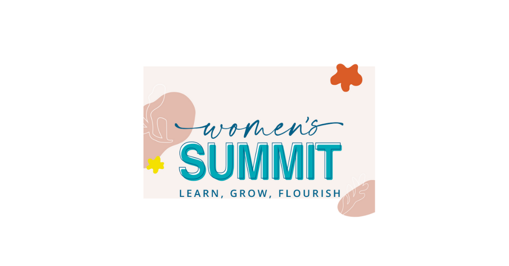 A logo for Women's Summit with the tagline "Learn, Grow, Flourish," featuring abstract leaf and flower illustrations in beige, yellow, orange, and pink.