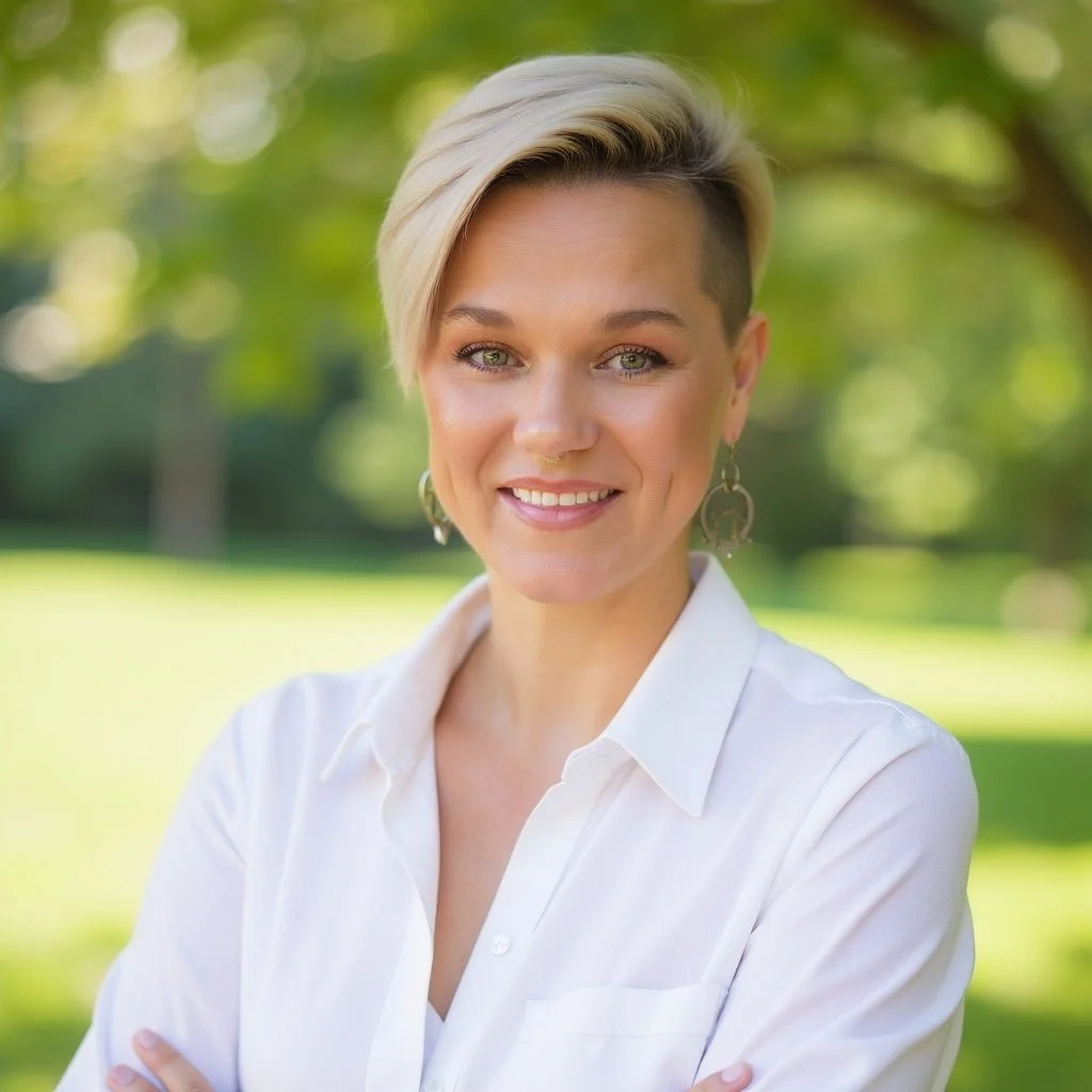 A woman with short, blonde hair and light eyes smiling outdoors with green trees in the background, wearing a white shirt and gold earrings.
