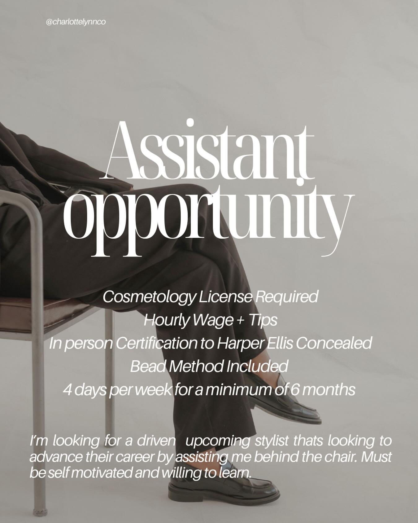 Who&rsquo;s ready for a big opportunity? I&rsquo;m looking for DRIVEN self motivated stylist that&rsquo;s willing to assist me for a minimum of 6 months behind the chair @charlottelynnco @ashleyhollandhairstylist 
Could this be you or someone you kno