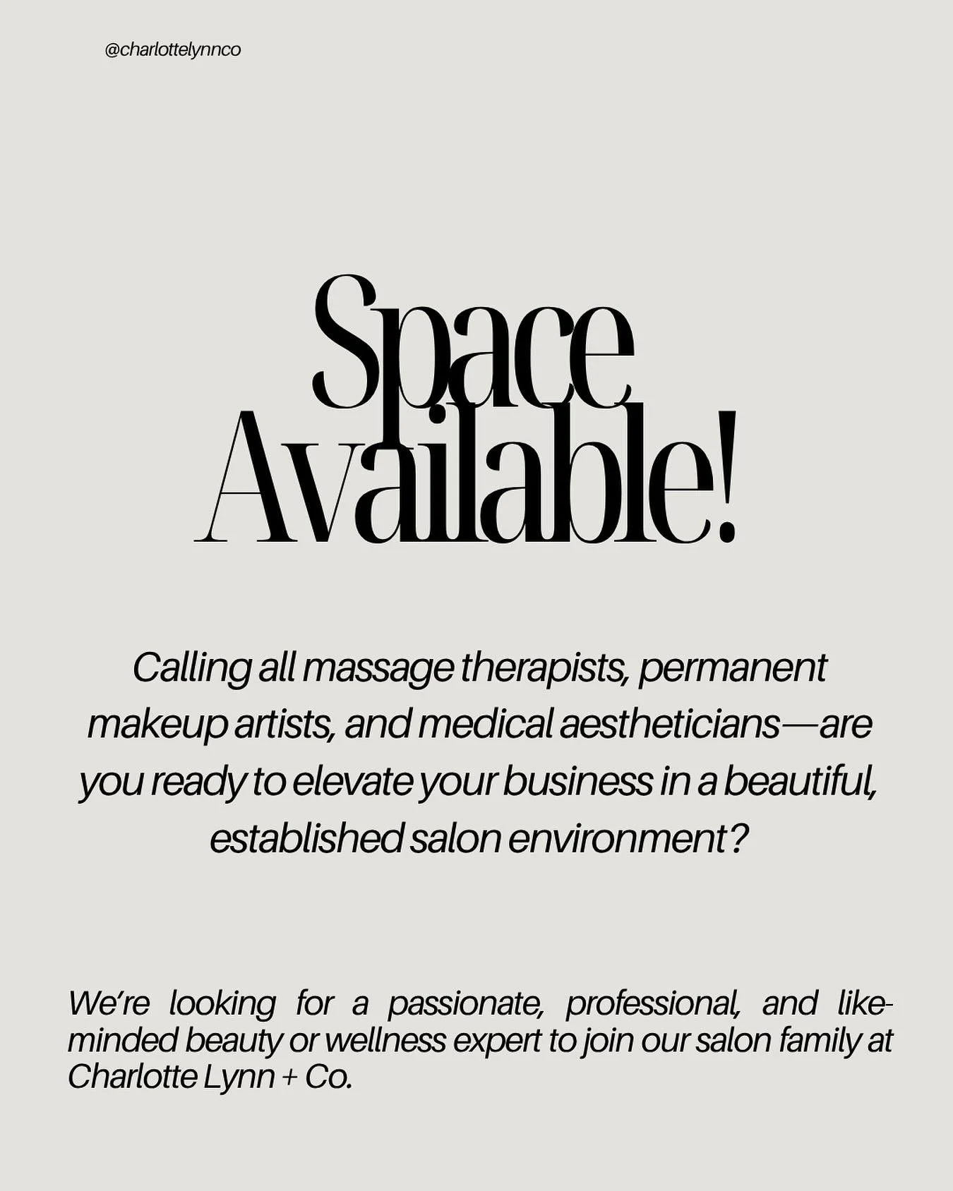 🚨 Salon Space Available!
Calling all massage therapists, permanent makeup artists, and medical aestheticians&mdash;are you ready to elevate your business in a beautiful, established salon environment?

👋 We&rsquo;re looking for a passionate, profes