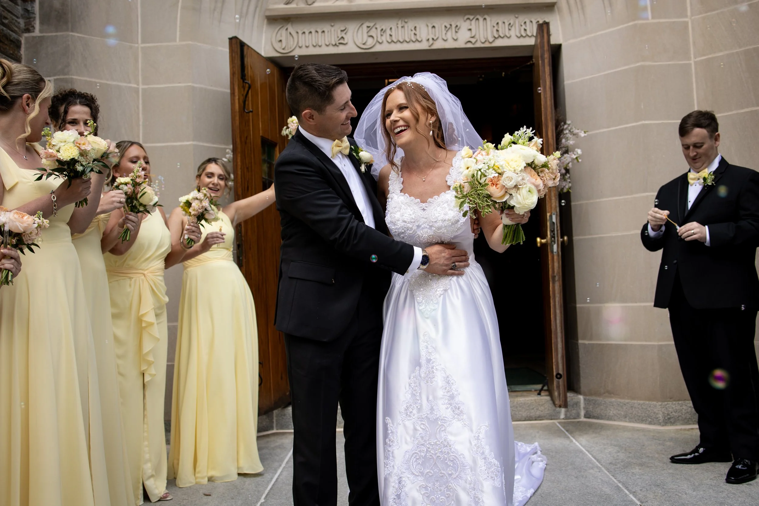 bride groom church wedding exit floral flower yellow bouquet yellow sunshine