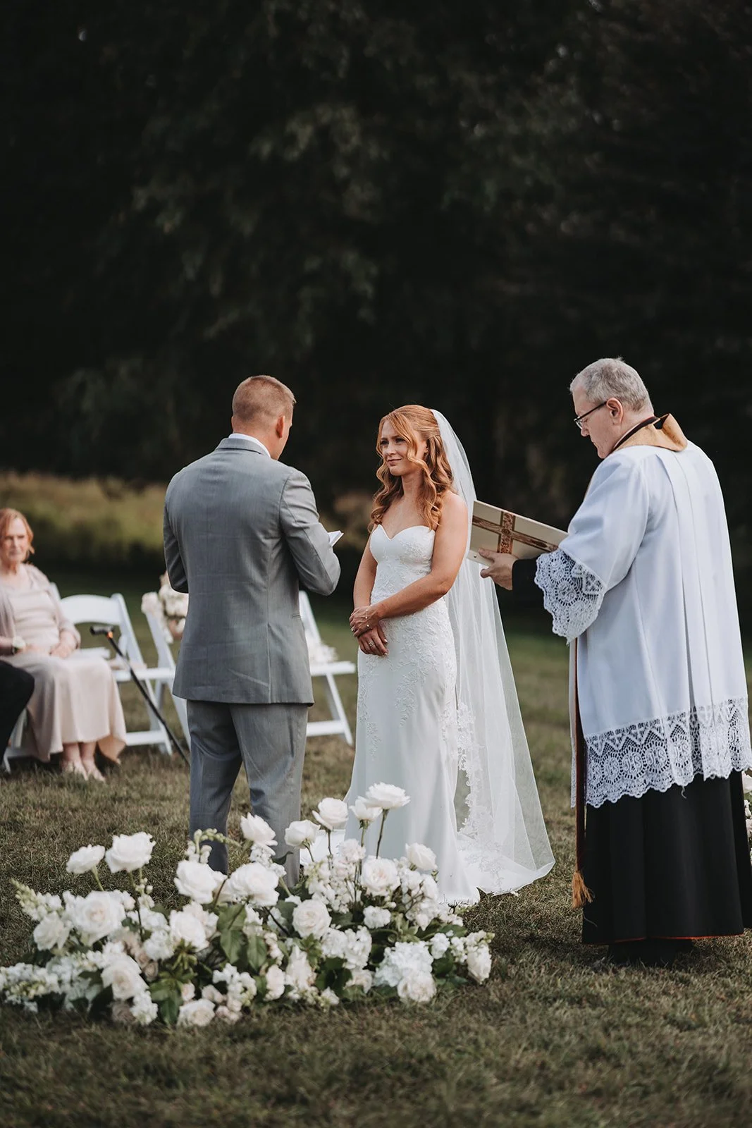 bride groom ground flowers floral arrangement aisle catholic wedding ceremony bohemia manor farm chesapeake city maryland
