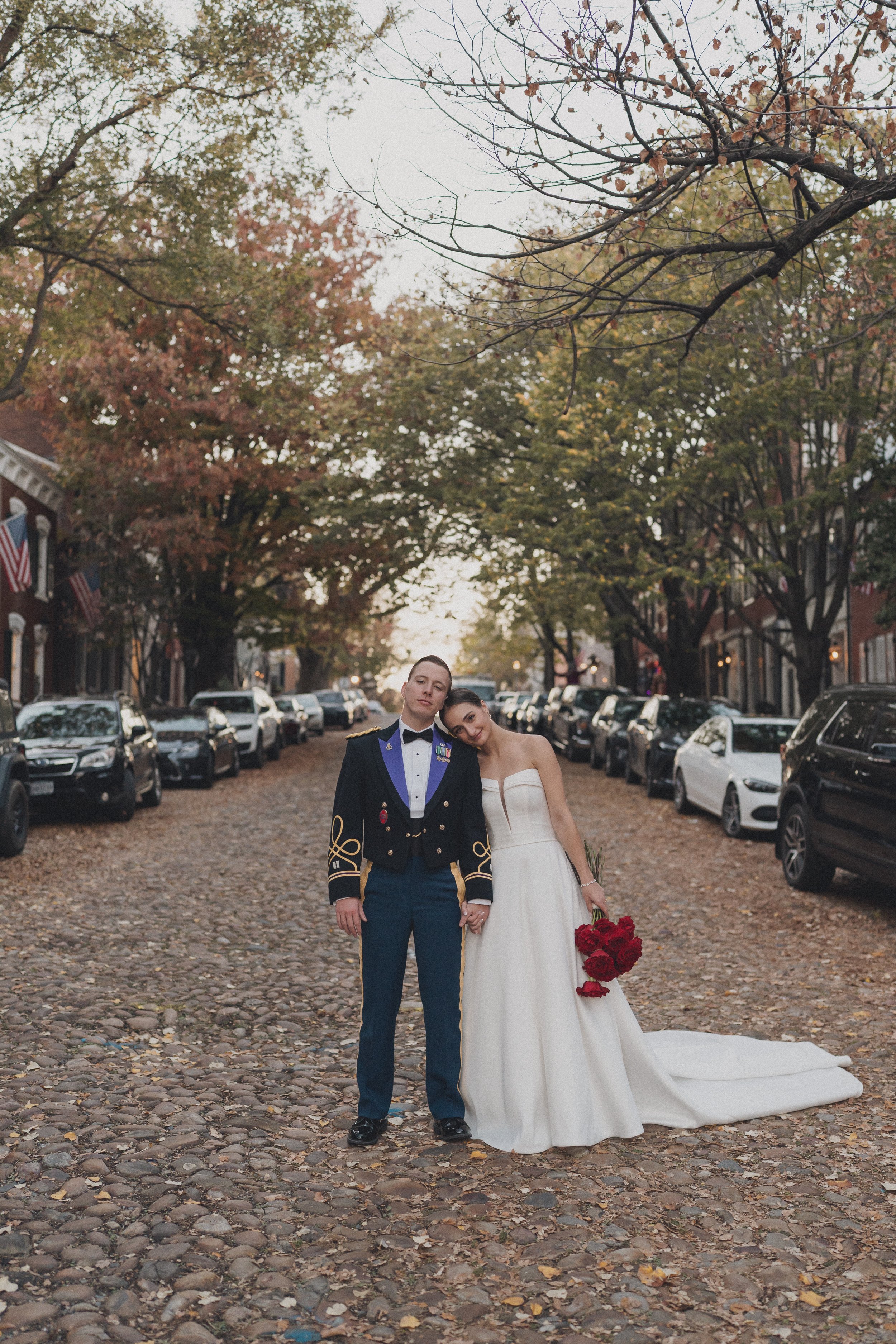 BRIDE GROOM OLD TOWN ALEXANDRIA VIRGINIA MILITARY RED ROSE WEDDING