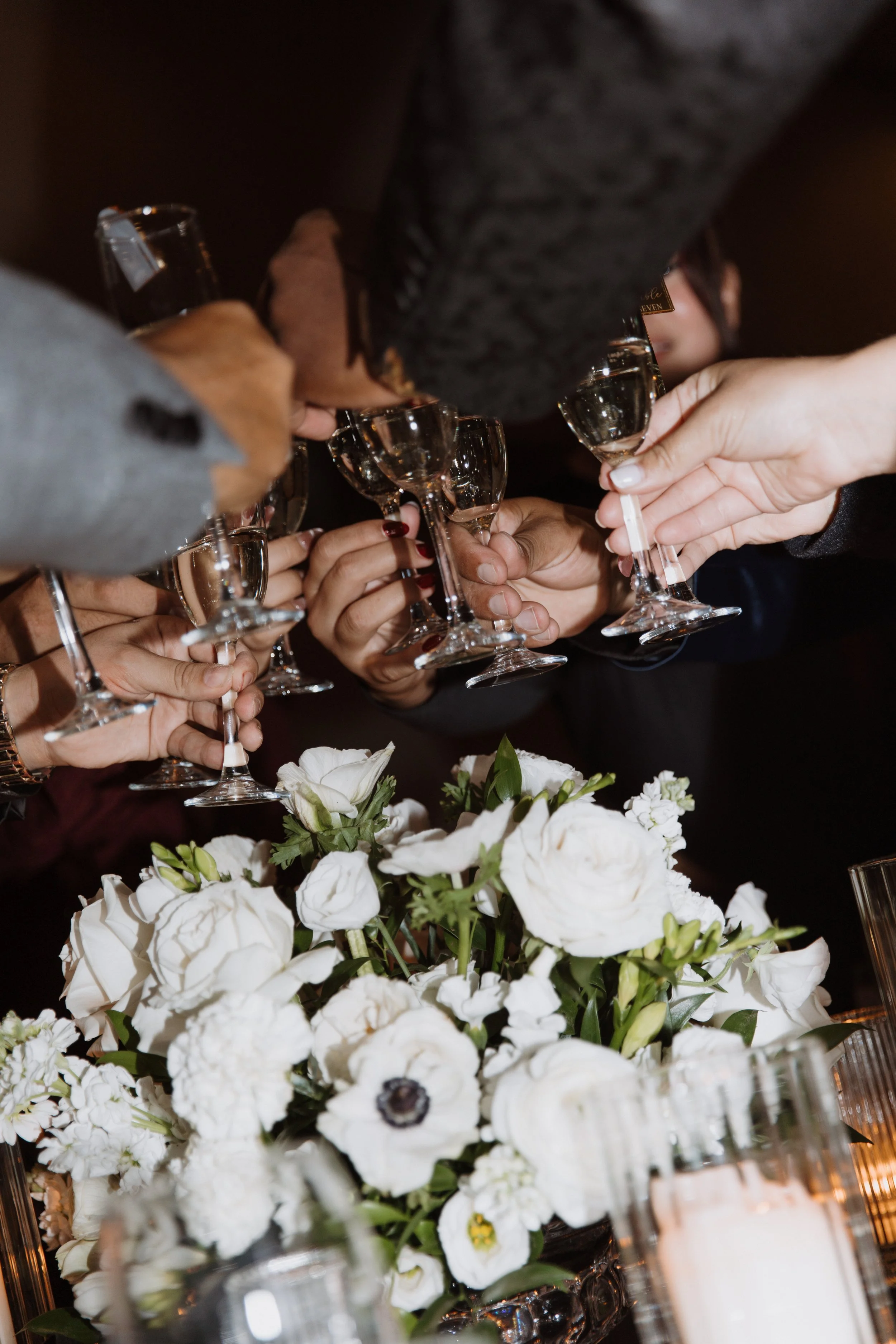 BLACK WHITE WEDDING RECEPTION DINNER FLORAL CENTERPIECE GUEST CHEERS ALEXANDRIA VIRGINIA