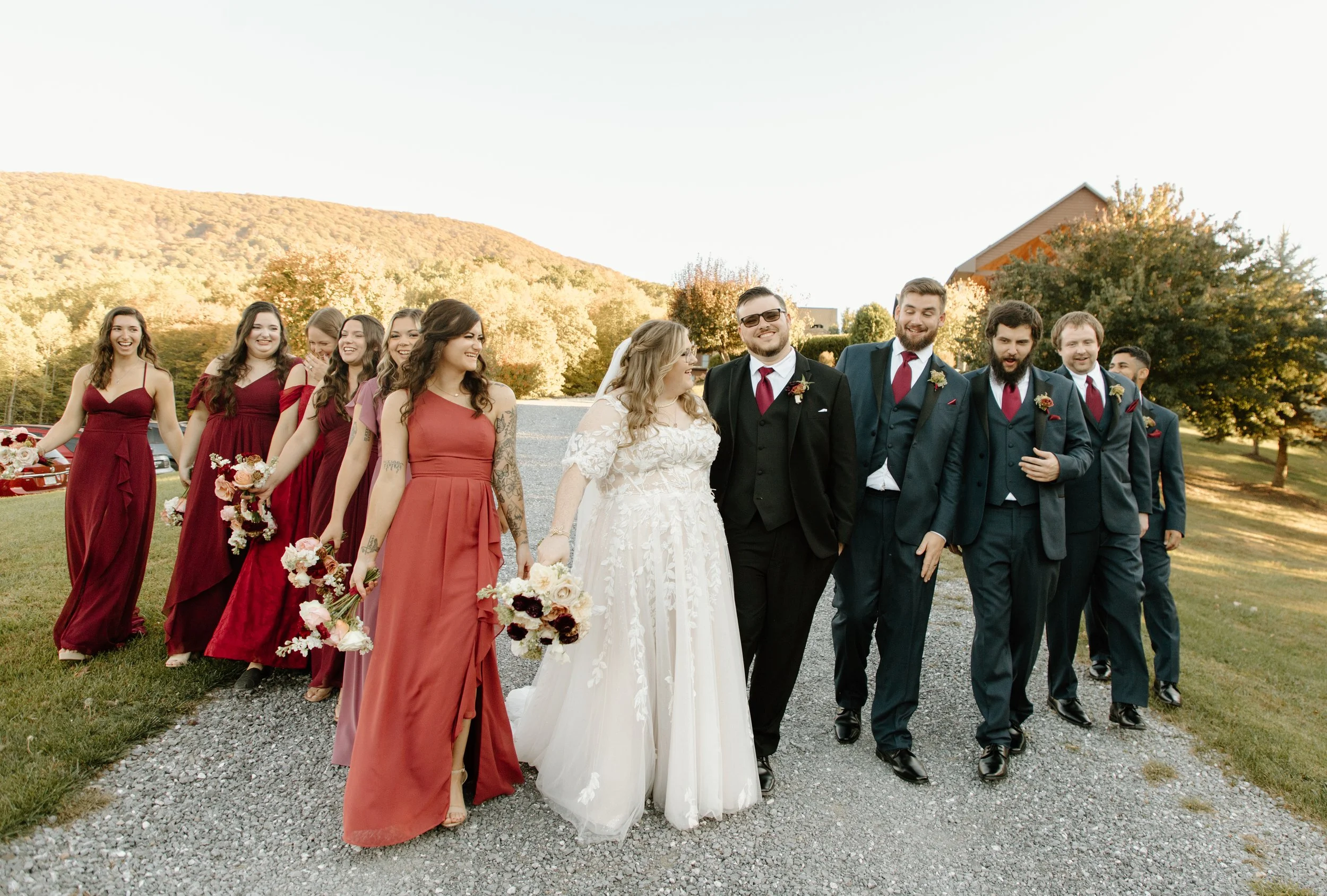 bride groom bridal bouquet bridesmaid groomsmen wedding party floral autumn fall house mountain inn irvine estate