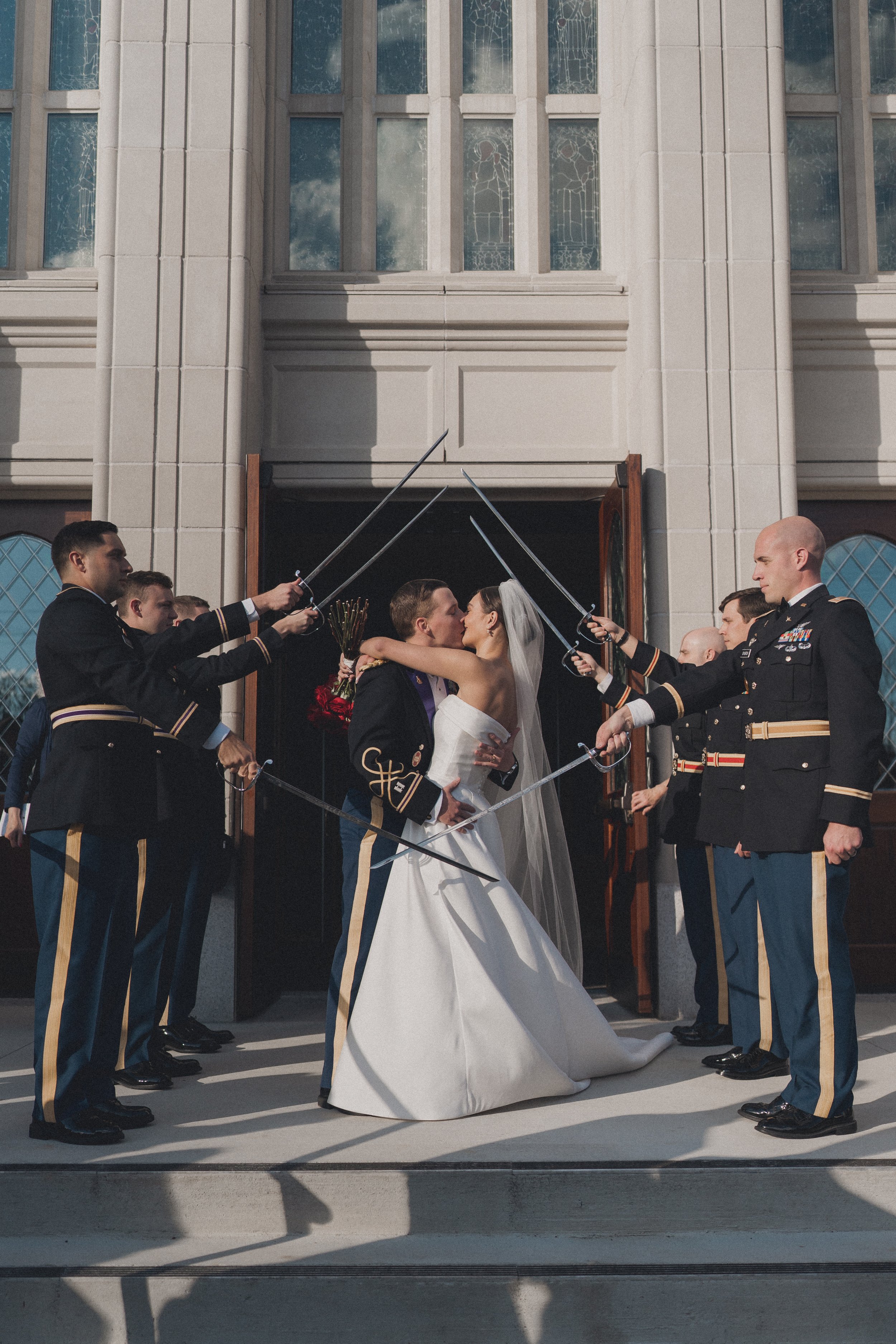 BRIDE GROOM CATHOLIC MASS CHURCH WEDDING EXIT MILITARY