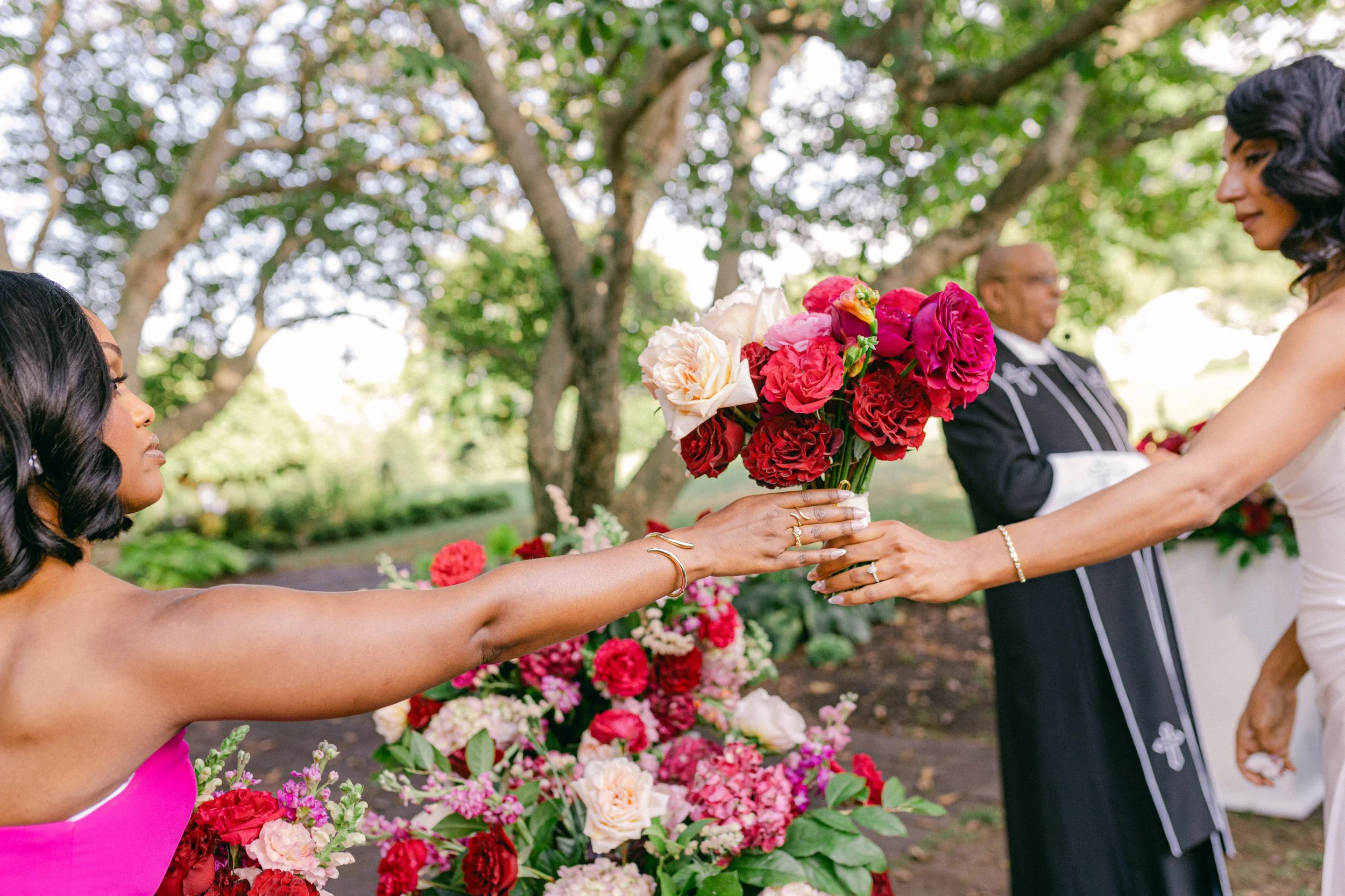 BRIDAL BOUQUET COLORFUL RED PINK BRIDESMAID WEDDING CEREMONY BELMONT MANOR