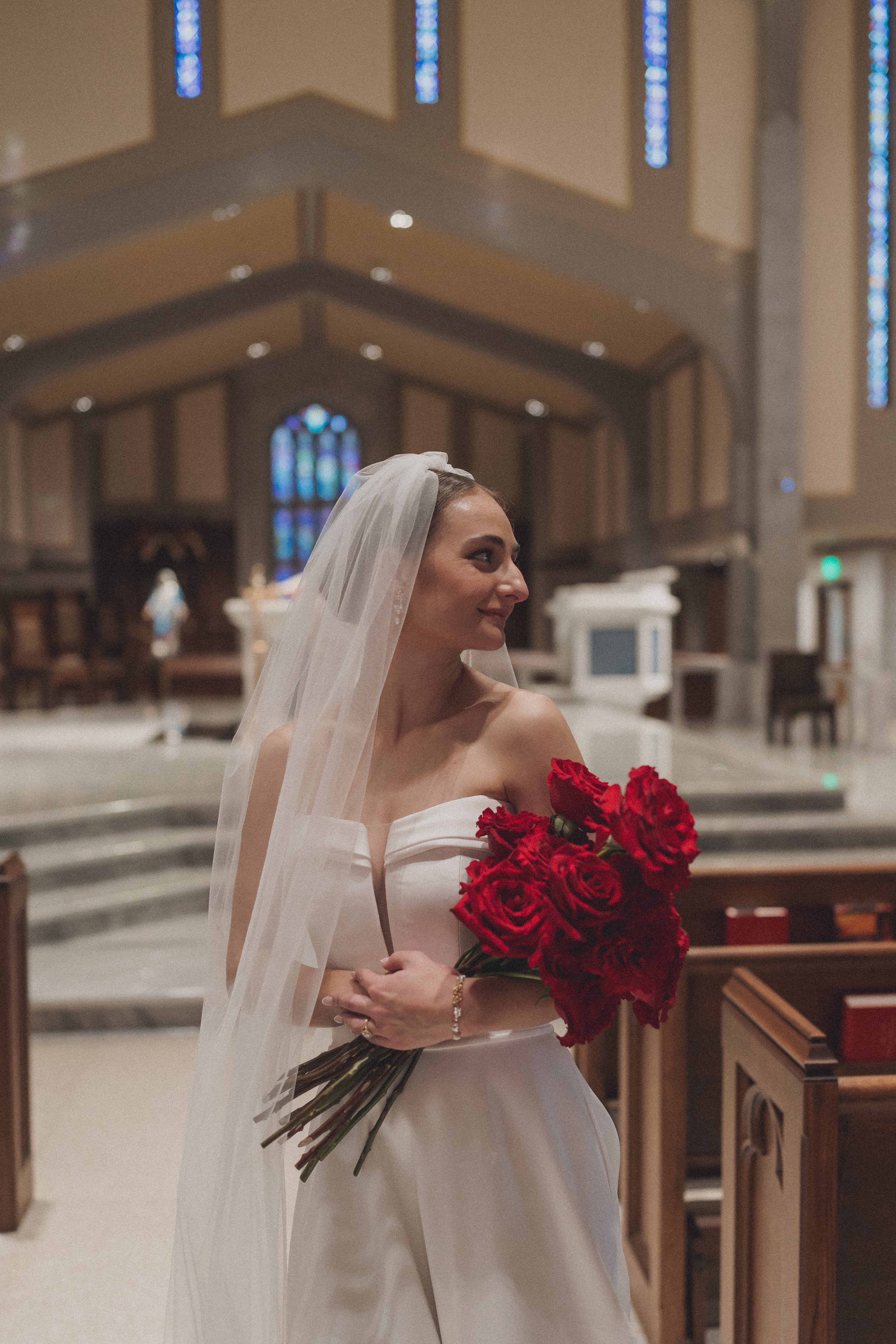 BRIDE RED ROSES CATHOLIC CHURCH WEDDING VEIL