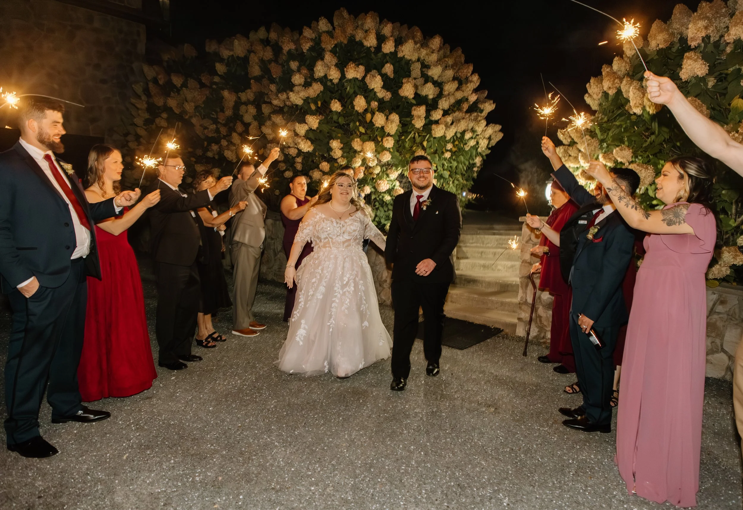 bride groom hydrangea sparkler exit house mountain inn irvine estate